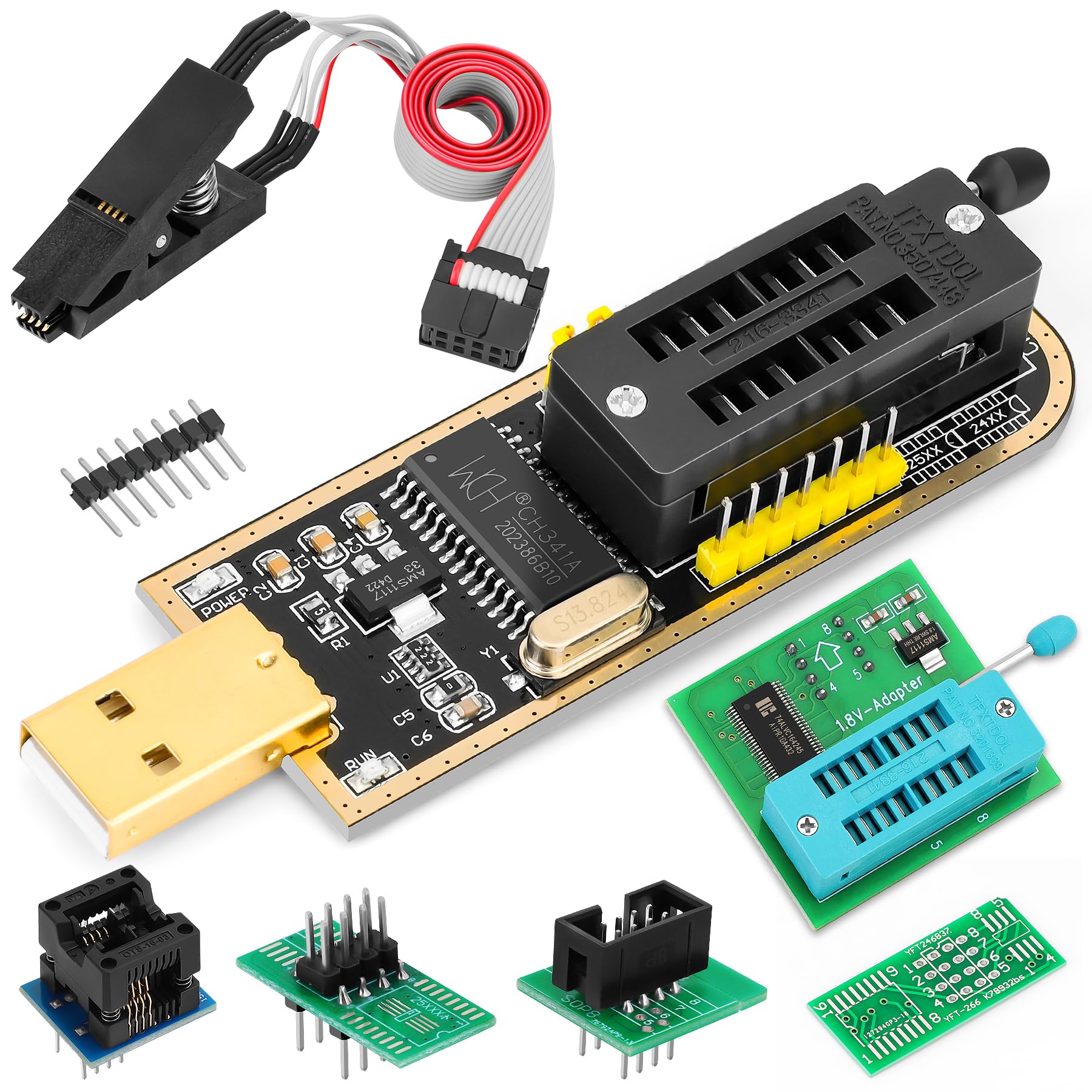 EEPROM BIOS USB Programmer Kit CH341A Programmer +1.8V Adapter & SOIC8 Clip & SOP8 to DIP8 Adapter, for 24 25 Series Flash
