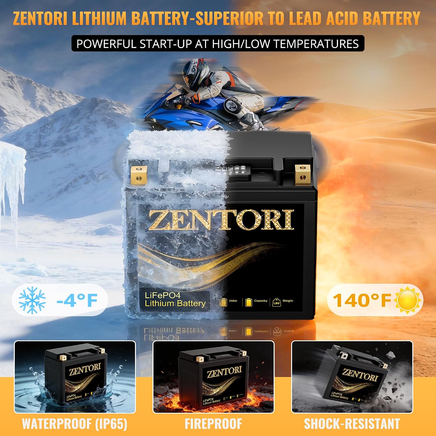 YTX14-BS/YTX14H/GYZ16H High Performance Lithium LiFePO4 Motorcycle Battery,500CCA,12V 8Ah,Fits for ATV,UTV,Jet Ski,Snowmobile,Quad,Tractor,Riding Lawn Mower,Polaris Battery