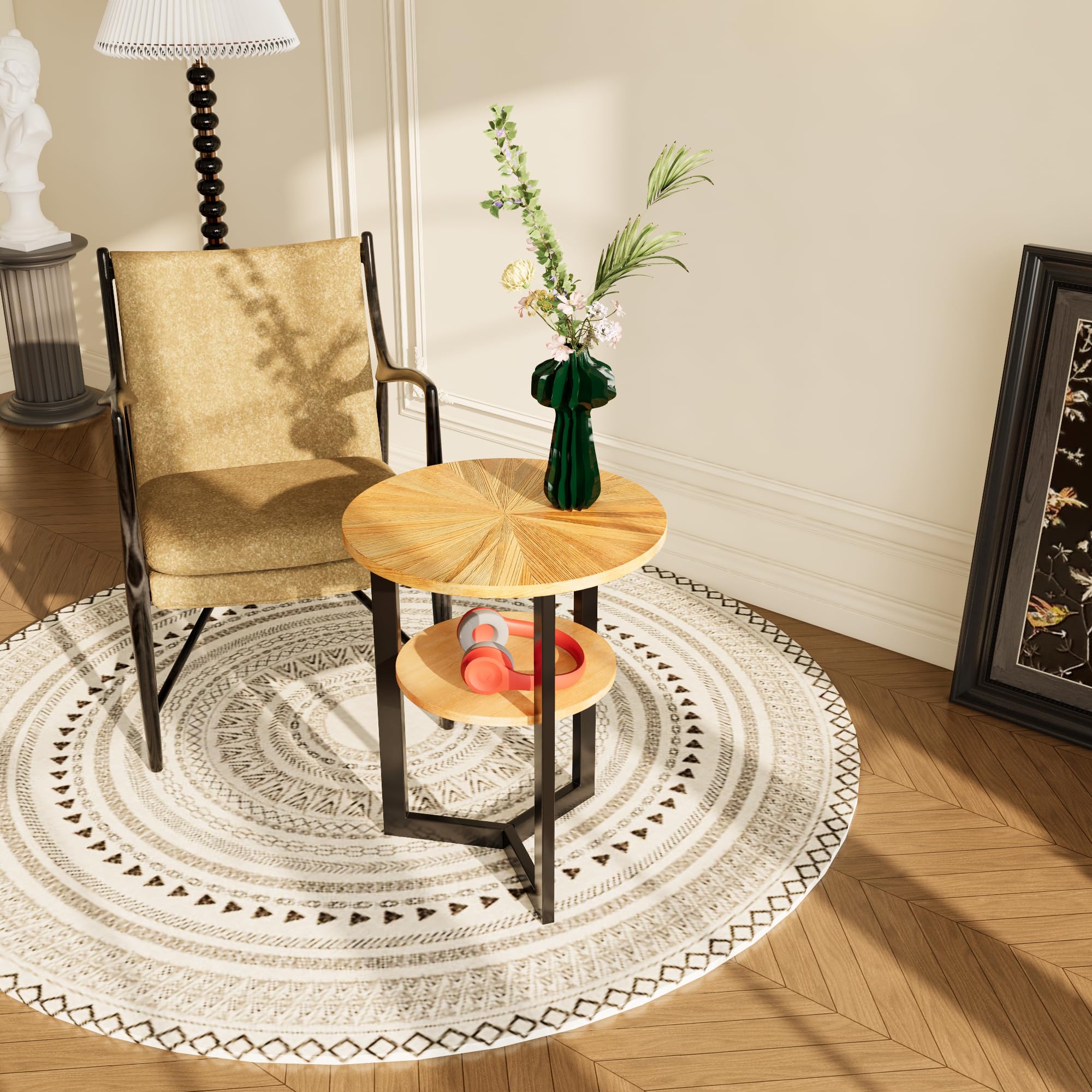 Table d'appoint ronde en bois massif, Petite table basse,Tables Basses Design 2 Étages avec Cadre en Fer Industriel et Plateau en Bois Massif – Style Scandinave/Rétro – Multifonctionnelle