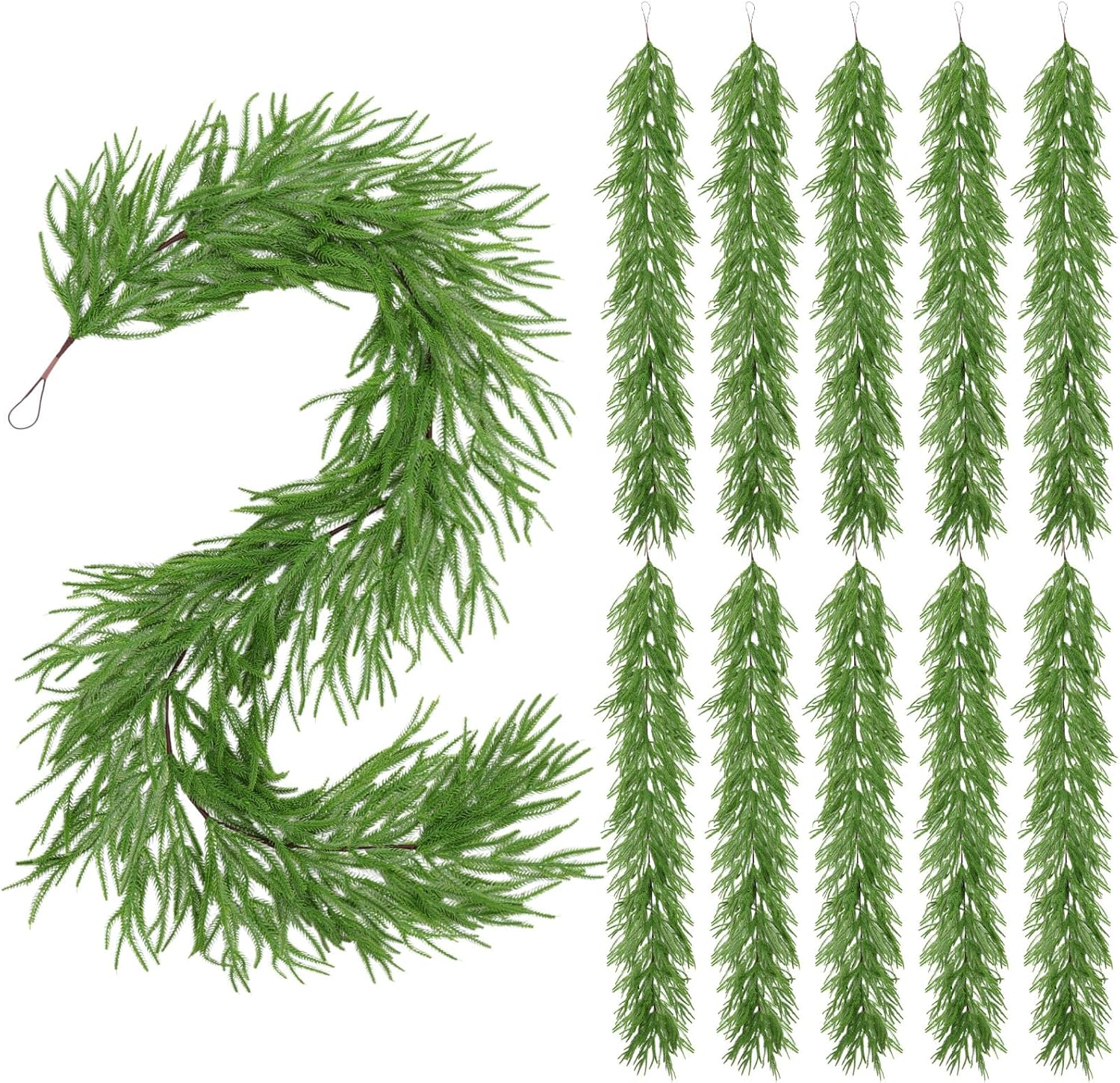 Dingion 10 Pcs Total 66ft Artificial Norfolk Pine Garlands, Real Touch Artificial Faux Dense Greenery Garland for Home Table Mantle Garden Wedding Arch Floral Decor(10 Pcs,Green)