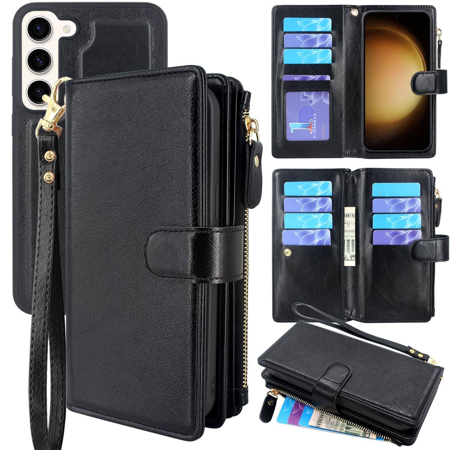 LacassCompatible with Samsung Galaxy S23+ Plus 2023 Case [12 Card Slots] ID Credit Cash Holder Zipper Pocket Detachable Magnet Leather Wallet Cover with Wrist Strap Lanyard (Black)