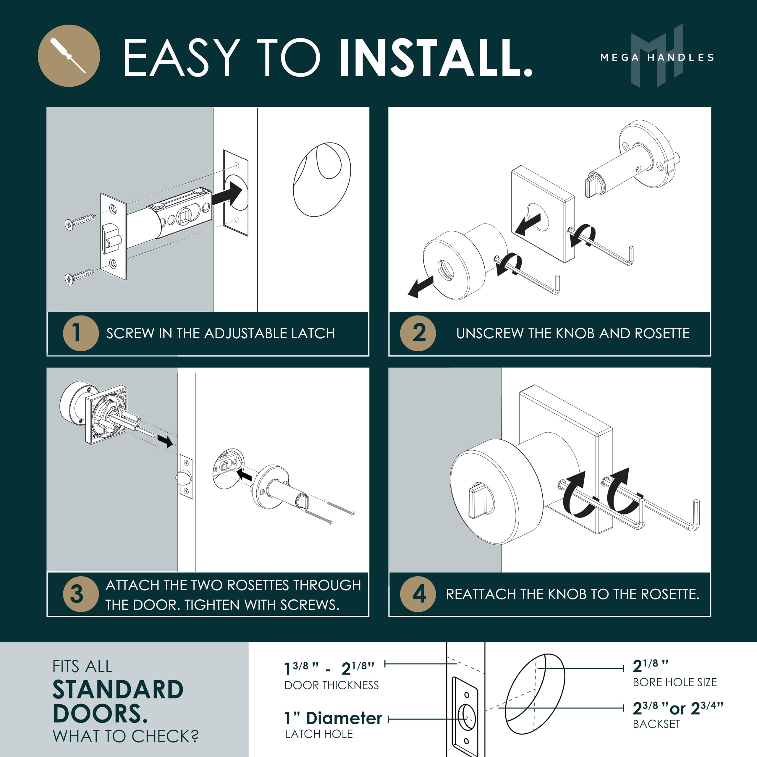 Mega Handles Pomo de puerta de entrada I para entrada, entrada y baño, diseño reversible resistente, se adapta a todos los tamaños de puerta estándar, tornillos incluidos, cromo pulido (paquete de 1)
