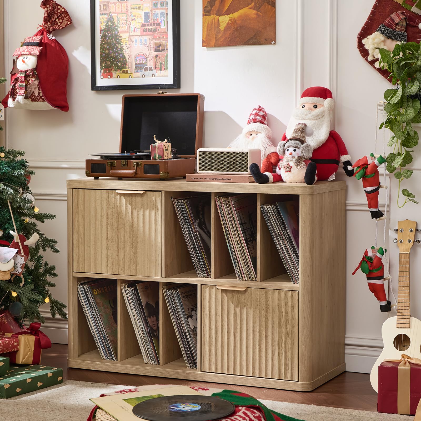 LEYAOYAO Large Record Player Stand with Vinyl Storage Up to 450 Albums, Wood Fluted Boho Record Storage Accent Cabinet, Modern Stereo Media Cabinets, Wide Turntable Stand for Living Room, Natural Oak