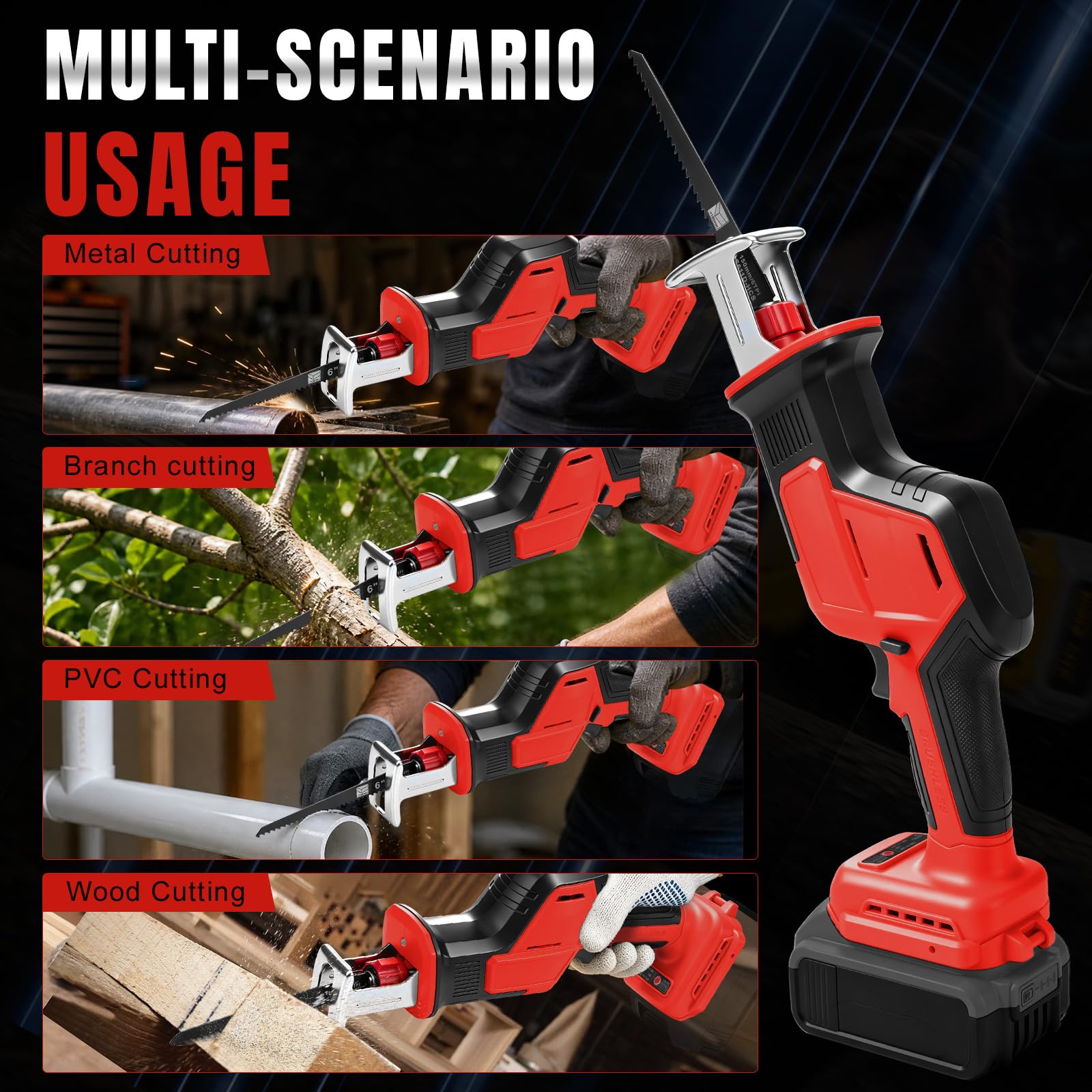 Scie sabre sans fil avec 4 lames pour Milwaukee 18V (sans batterie) | 600W, scie sabre, sans balais, LED, coffret plastique, pour bois et PVC