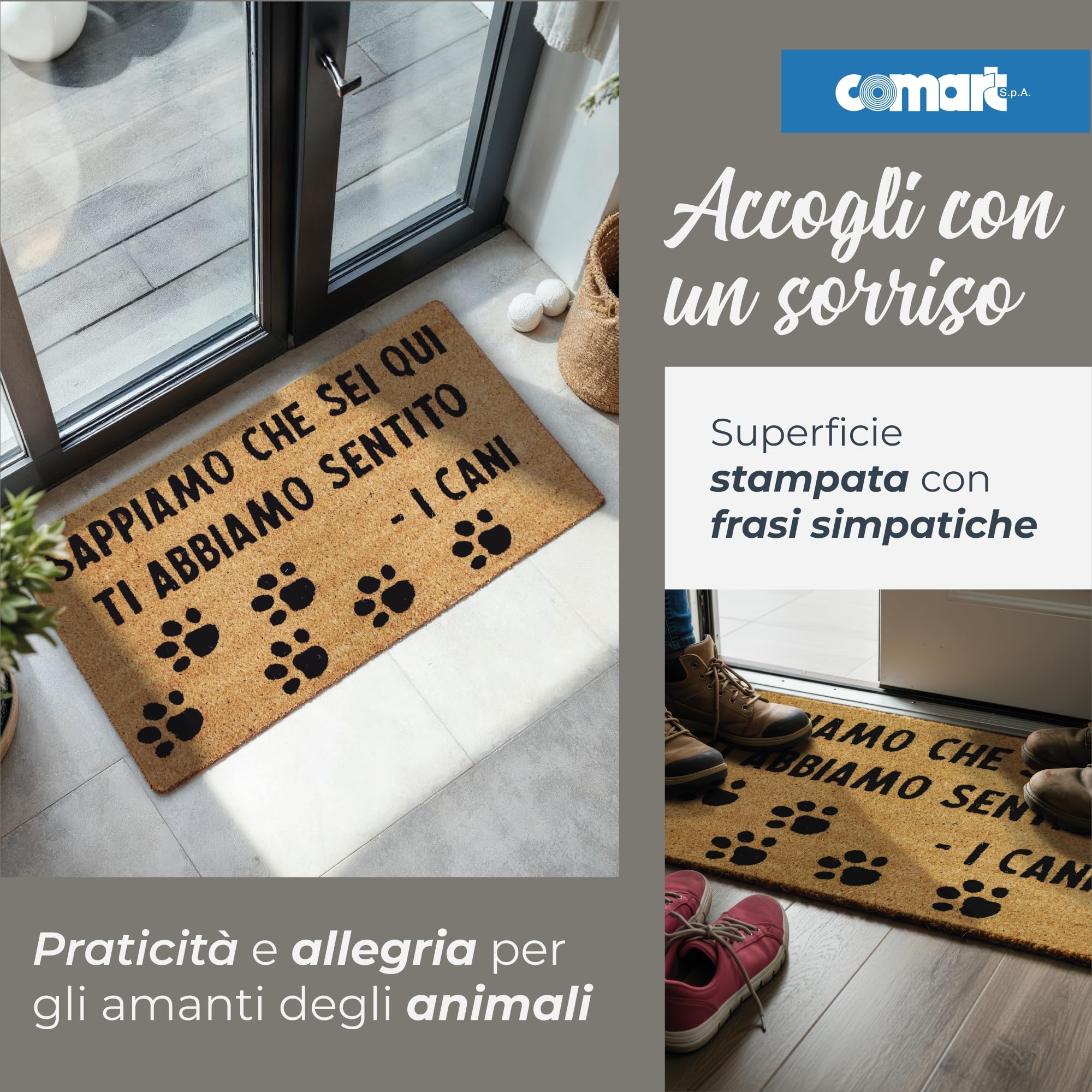 Comart - Zerbino Cute in Cocco - 40x70 cm - Tappeto con Scritte Divertenti su Cani e Gatti - per Ingresso Esterno e Interno - Simpatico Regalo per Entrata di Casa - Antiscivolo - Ti Abbiamo Sentito