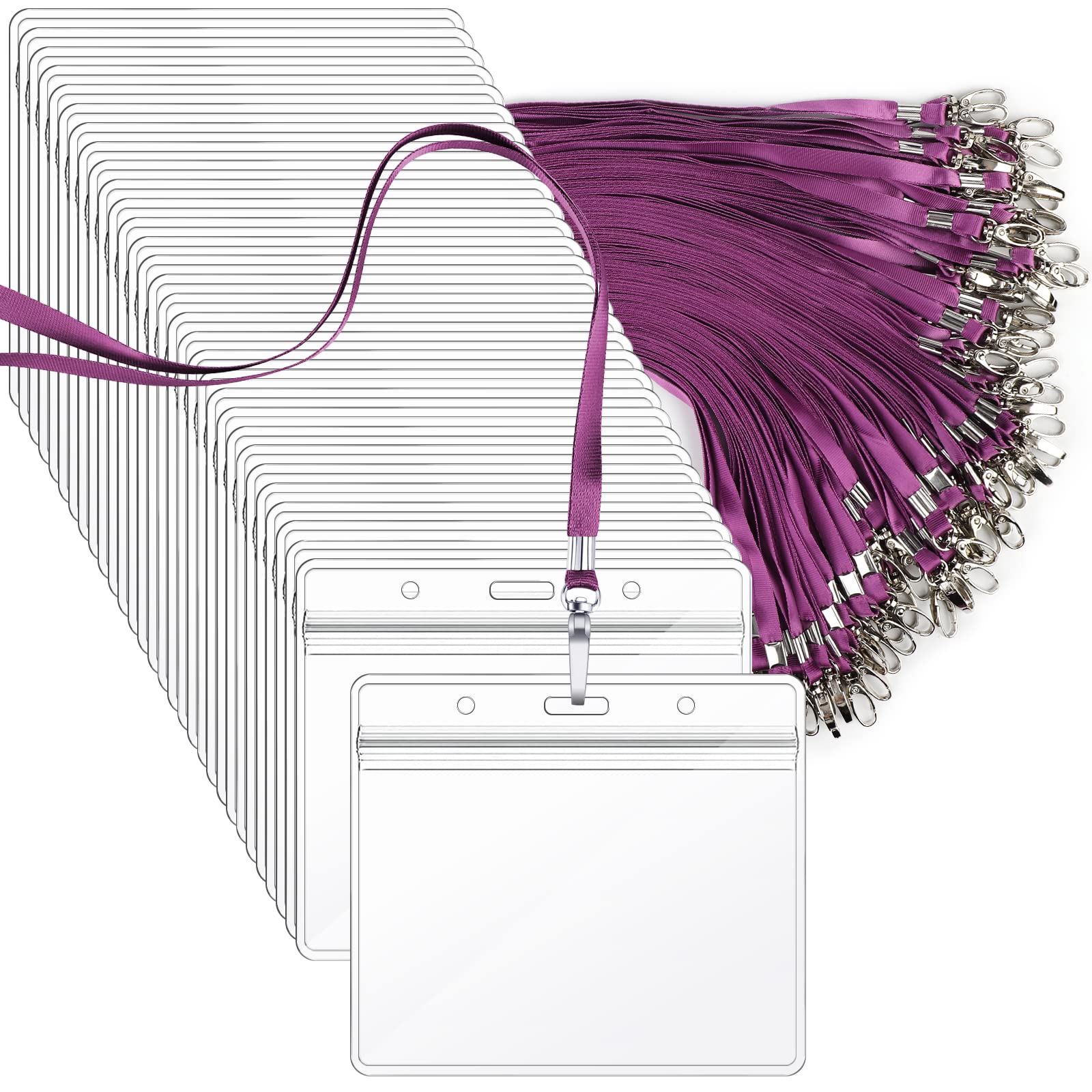 Segarty Lanyards with ID Holder, 100 Pack Horizontal Badge Clear Plastic Name Tags Neck Key Card Bulk, Purple Strap Clips Waterproof Ziplock Nametag