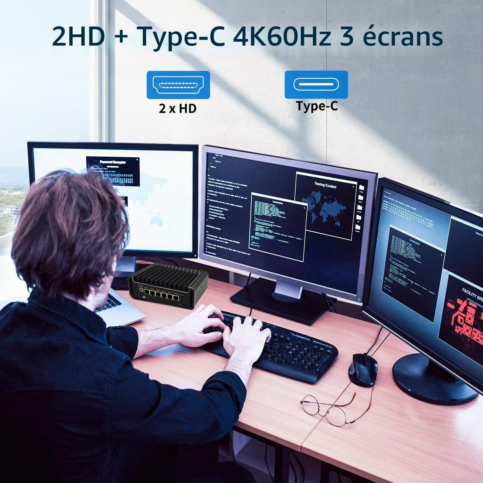 Firewall Mini PC N97 up to 3.6 GHz, 6 x i226V 2.5GbE LAN OPNsense Router Micro Appliance, Barebone, AES-NI, Fanless Computer Hardware, DDR5, 2 x NVMe Slot, 2 x SATA3.0, 2HD+USB-C 3 Display