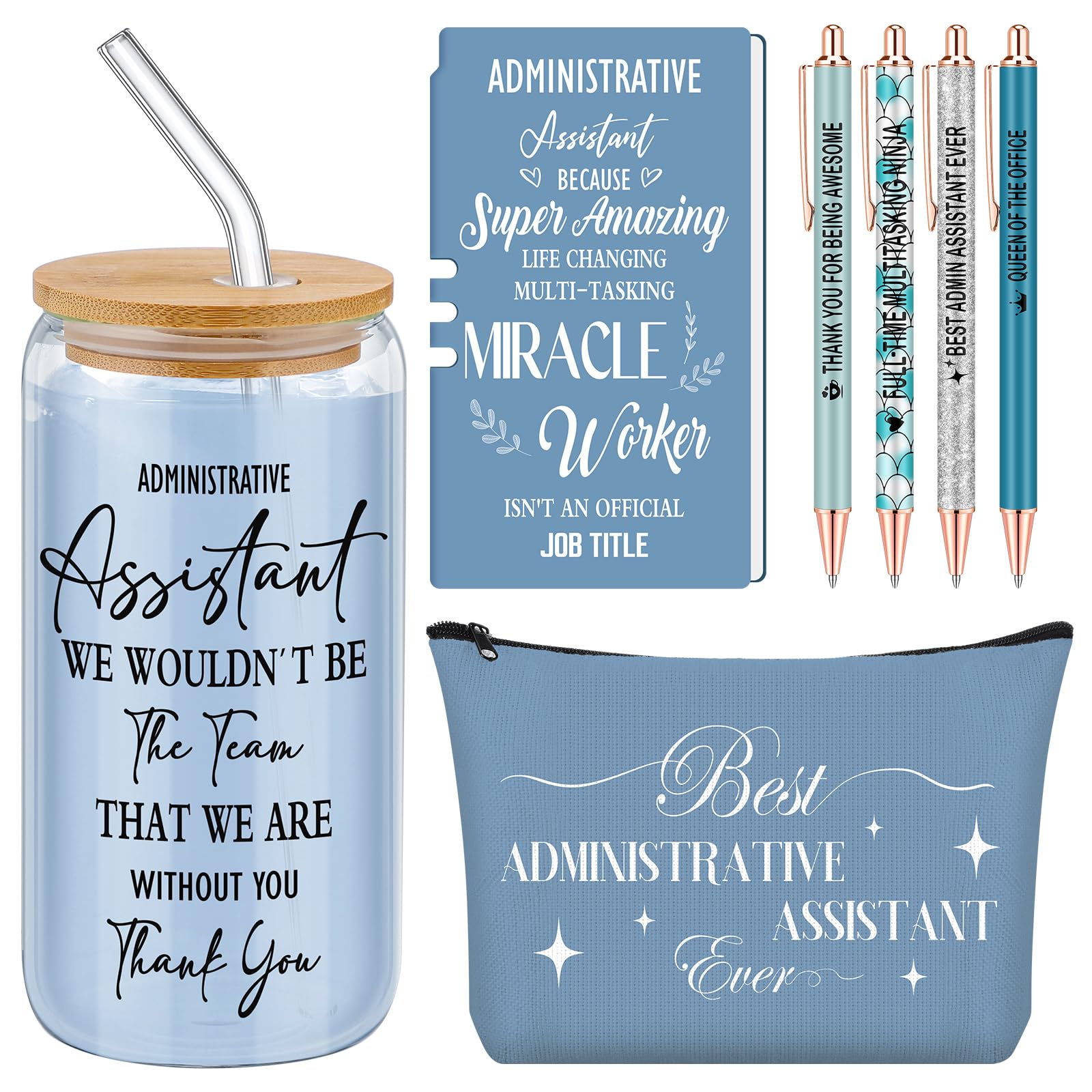 Skylety 7 Pcs Administrative Assistant Gifts Set 16oz Glass Tumbler Makeup Bag Ballpoint Pens Notebook Admin Professional Day Secretary Thank You Gift for Women Lady Coworkers Office