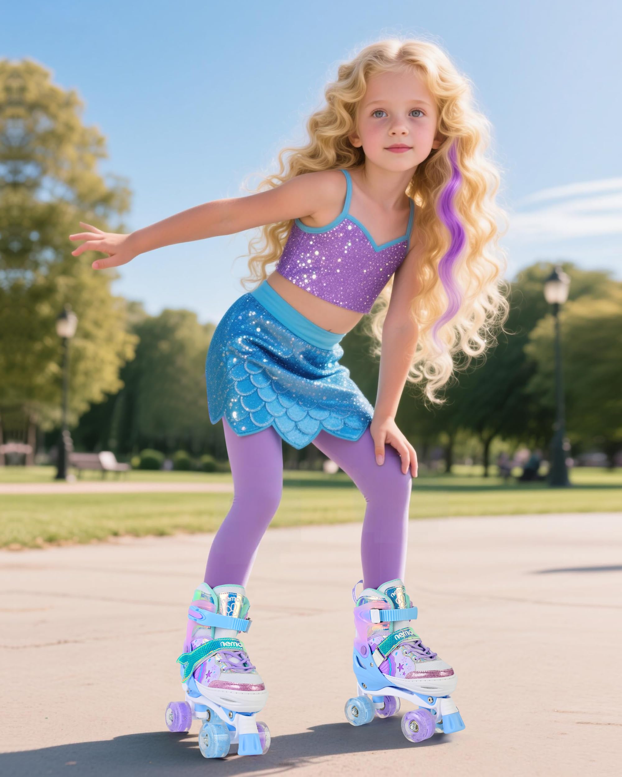 NEMONE Mermaid 4 Size Adjustable Light up Roller Skates for Girls, Purple Blue Skates for Toddlers, Beginner Kids Butterfly Roller Skates Indoor Outdoor
