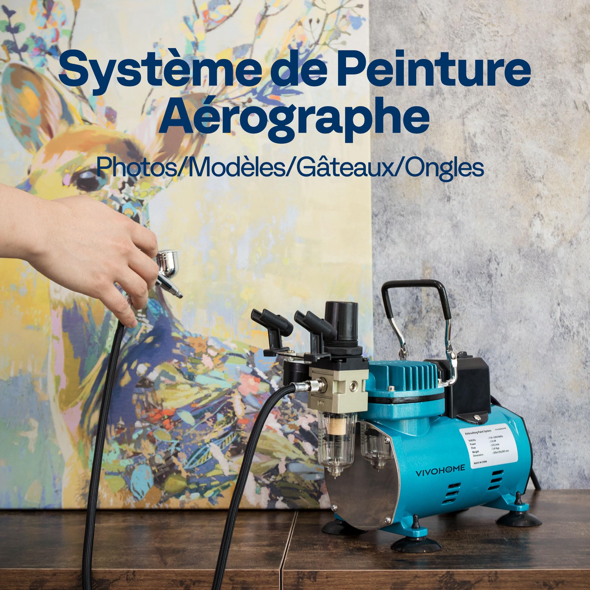 VIVOHOME Compresseur Air Professionnel 1/5 CV avec 3 Pistolets Aérographe Double Action Alimentation par Gravité et Siphon Silencieux avec Support et Brosse Bleu