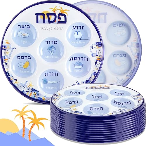 Miniatura 6 de Zion Judaica - Paquete a granel de platos desechables para Pascua de 10 pulgadas, plato de plástico para Pascua, 6 secciones marcadas con comida