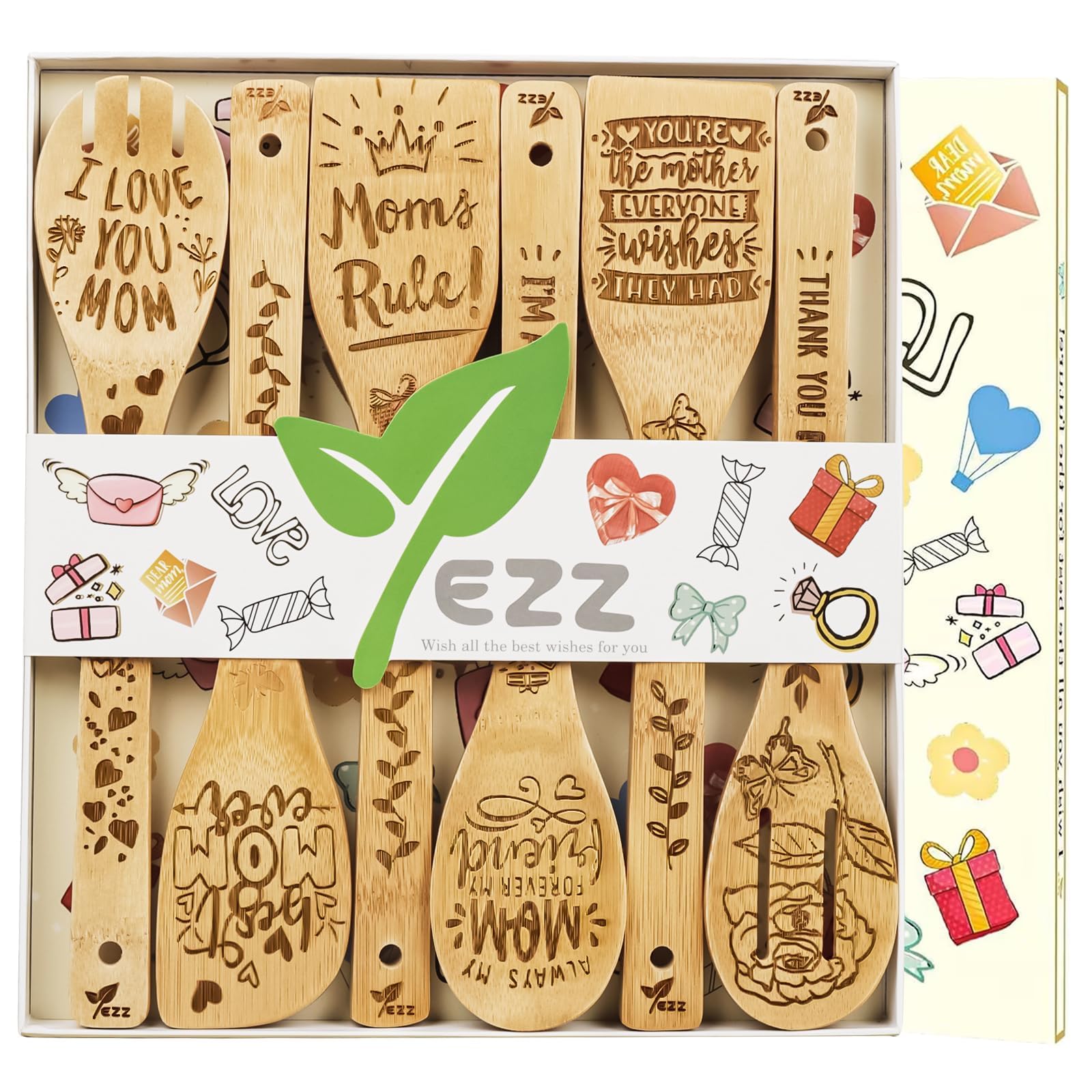Gifts for Mum, 6 Piece Wooden Spatula Utensils for Cooking, Heat-Resistant, Smooth Teak Utensils with Comfort Grip,Lightweight & Durable, Easy to Clean, Perfect for Non-Stick Cookware