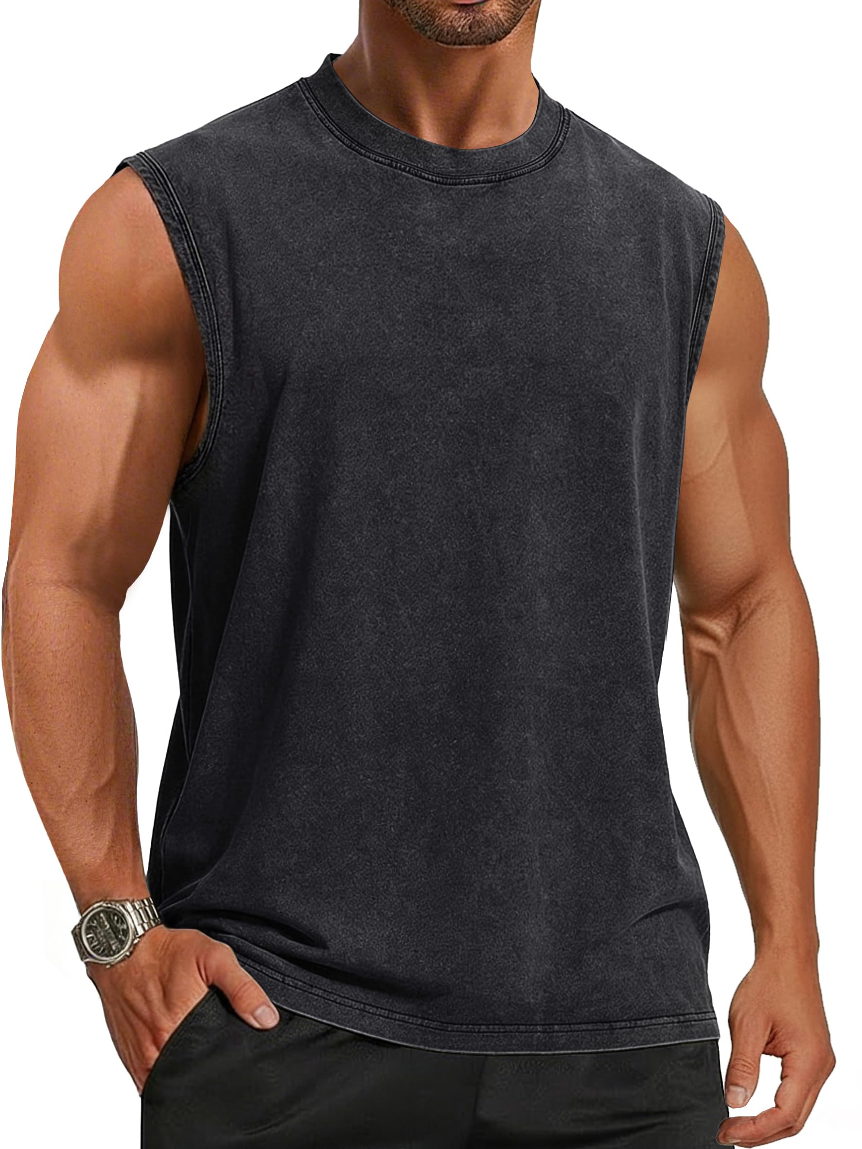 Mens Shirts Summer Tank top Sleeveless Loose Acid Wash Cotton Tshirts | ADOREJOY Heavyweight Vintage Basic Tops, Muscle Fit Workout Sports Outfits, Gym and Going Out Tees, Cowboy Streetwear 2026