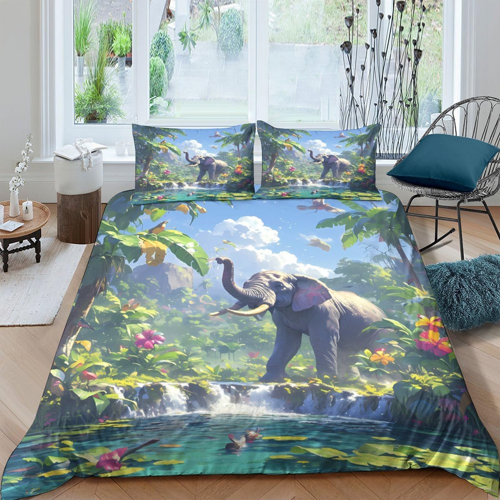 GPLZQXKJNH 3D Printed Jungle Elephant Duvet Cover Microfiber Soft Waterfall Bedding Set with 2 Pillowcases for Bedroom Decor Single（135x200cm）