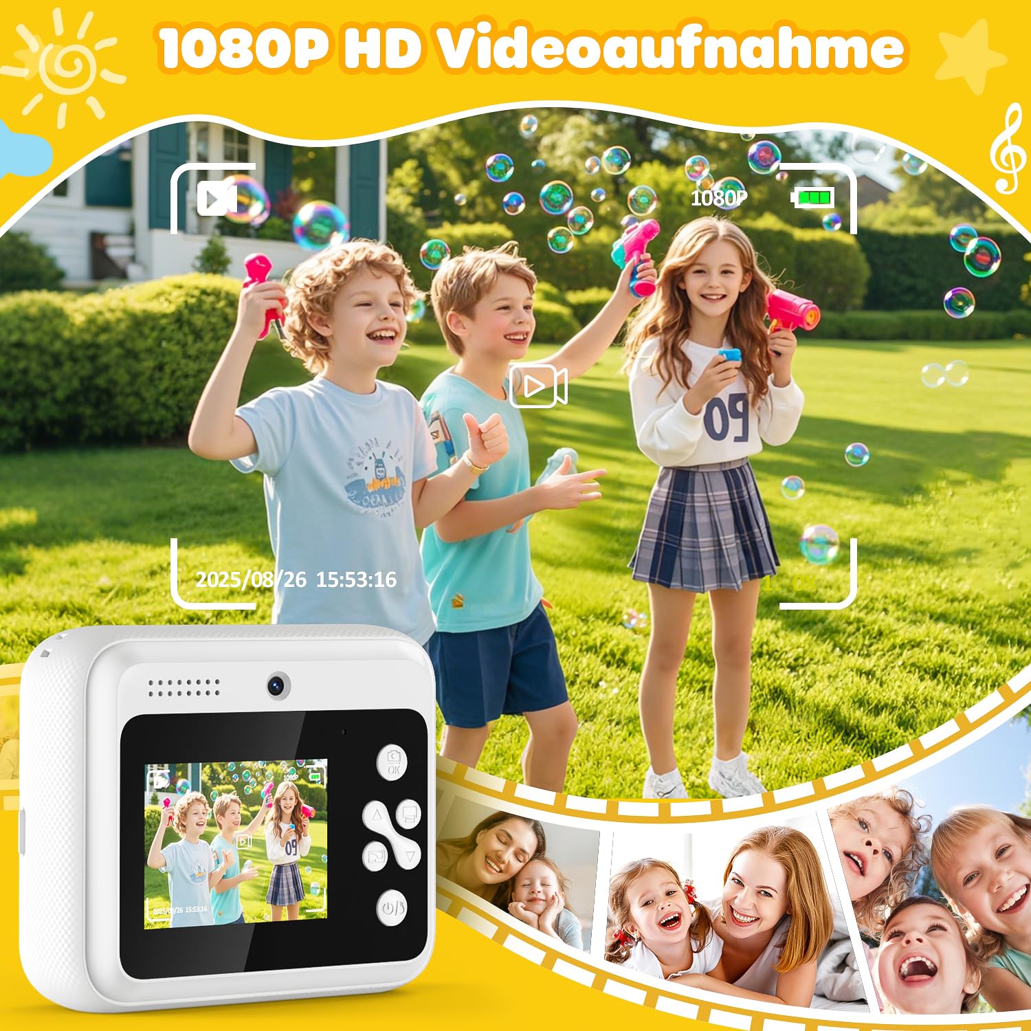 Kinderkamera 48MP mit 2.4 Zoll HD Bildschirm 1080P Video Sofortdruck 32GB Speicherkarte