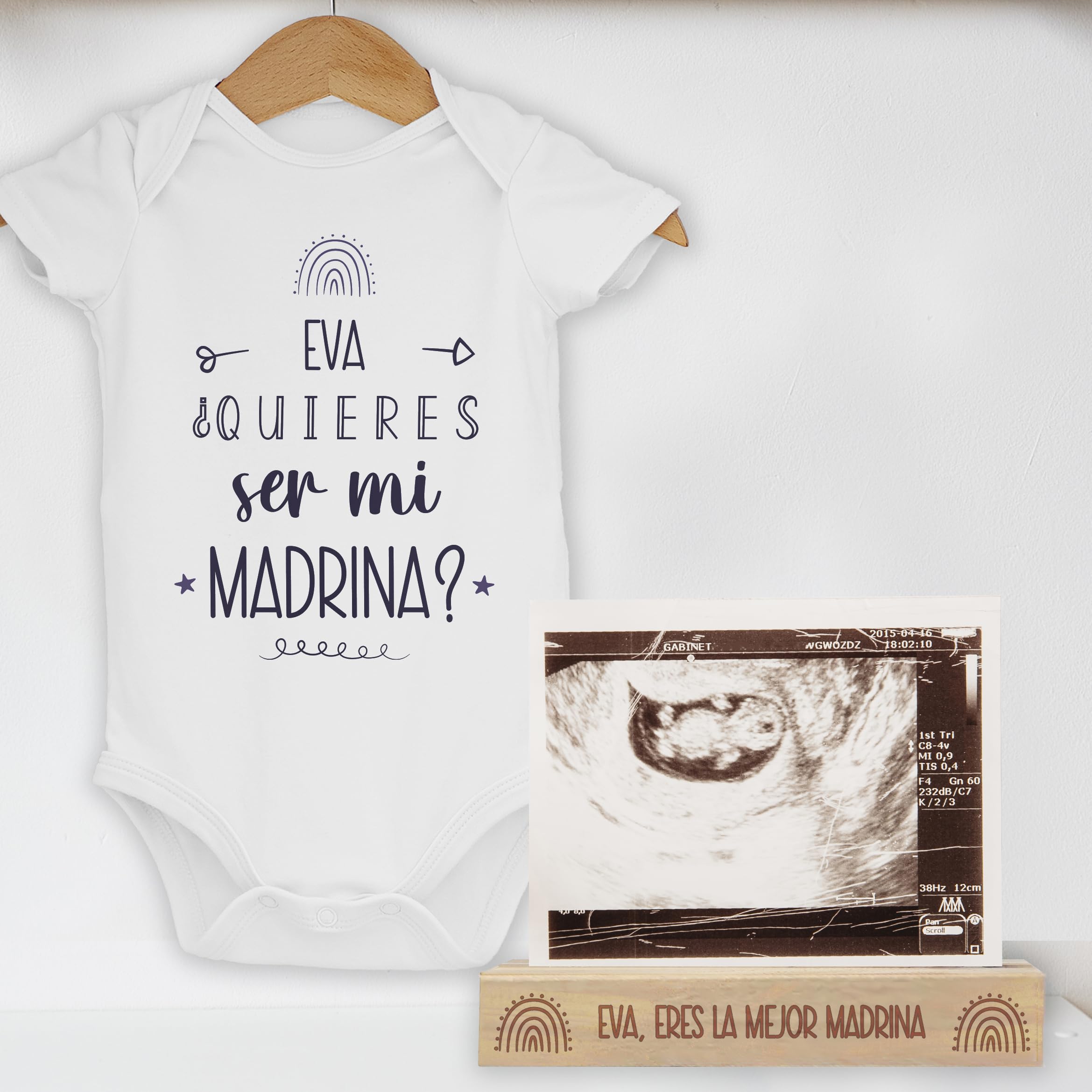 Evyre Pack body quieres ser mi padrino madrina y base madera personalizada nombre regalo original bebe bautizo boda pedida embarazo ecografía mejor recuerdo Arcoiris