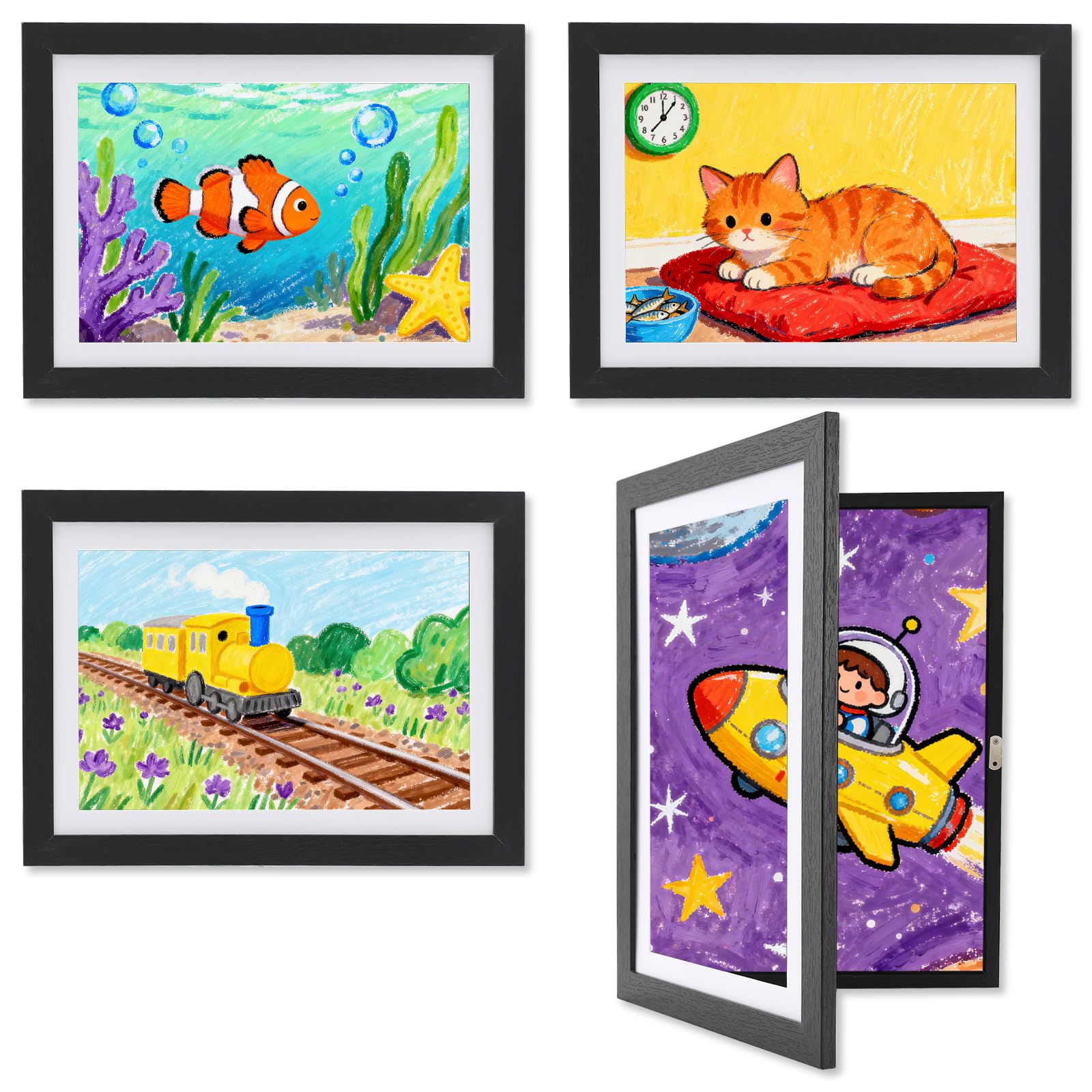 Kromapolis 4 Piece Black Picture Frames for Children's Drawings A4 Eco-friendly MDF Material, A4 Kids Art Photo Collage Frames