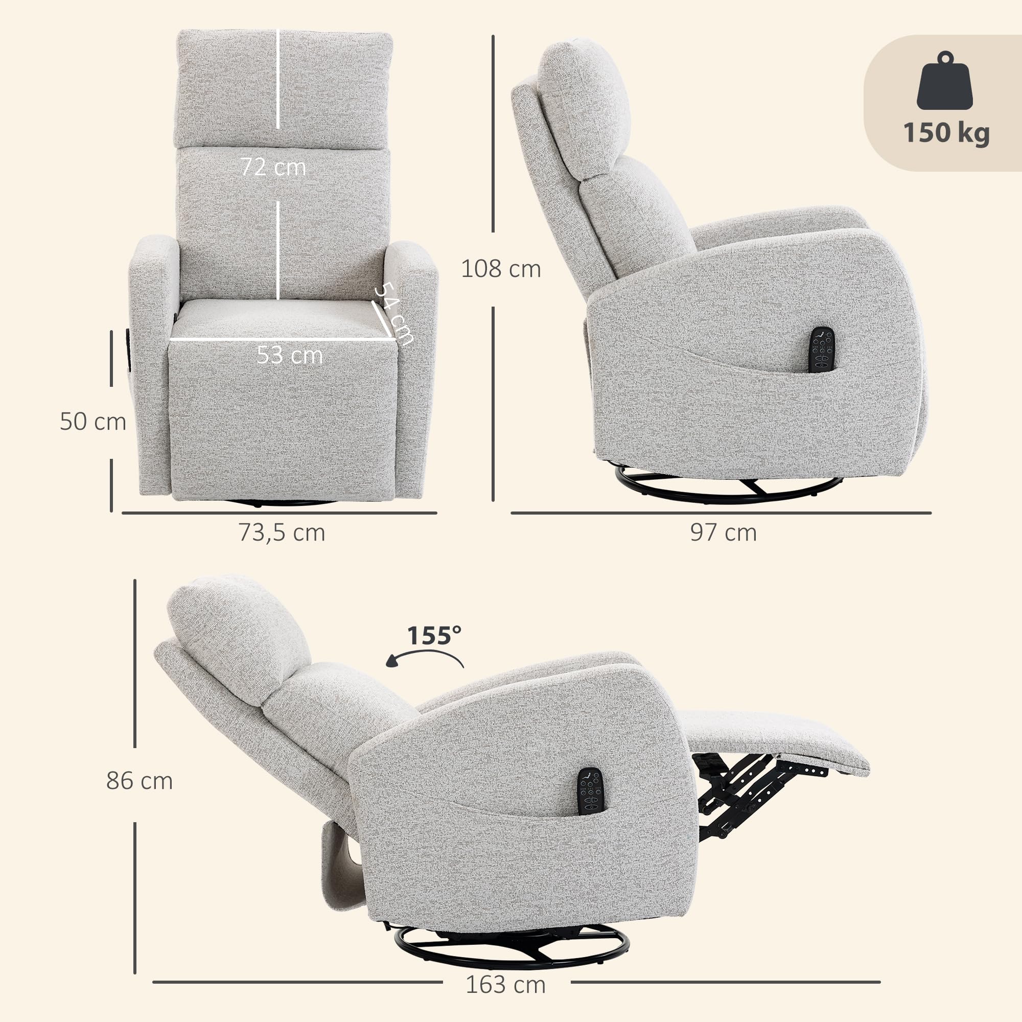 HOMCOM Sillón reclinable Masaje y Calor 360° Giratorio Crema