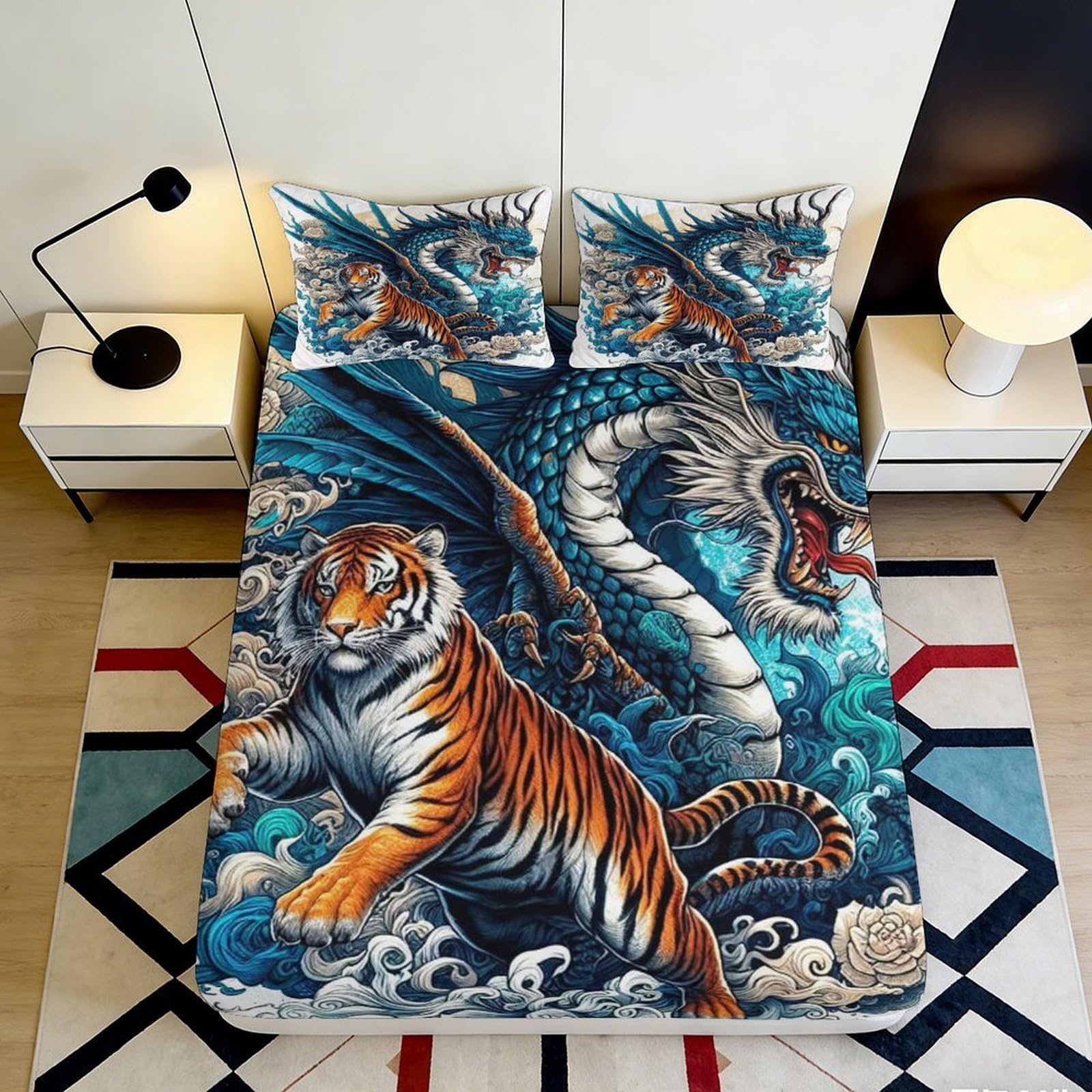 3D Printed Tiger Dragon Fitted Sheet Microfiber Non-slip Mattress Cover Washable Bedroom Decor for Home Dorm 200x200x25cm