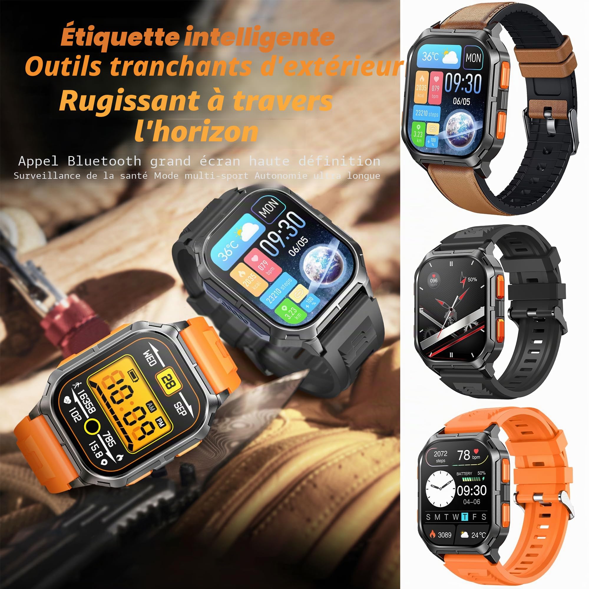 Montre Connectée Homme avec Appels Bluetooth, 2,01'' Smartwatch avec 123 Modes Sportifs/SpO2/Lecteur de Musique/Fréquence Cardiaque/Sommeil/Podomètre Bracelet pour Android iOS (Orange)