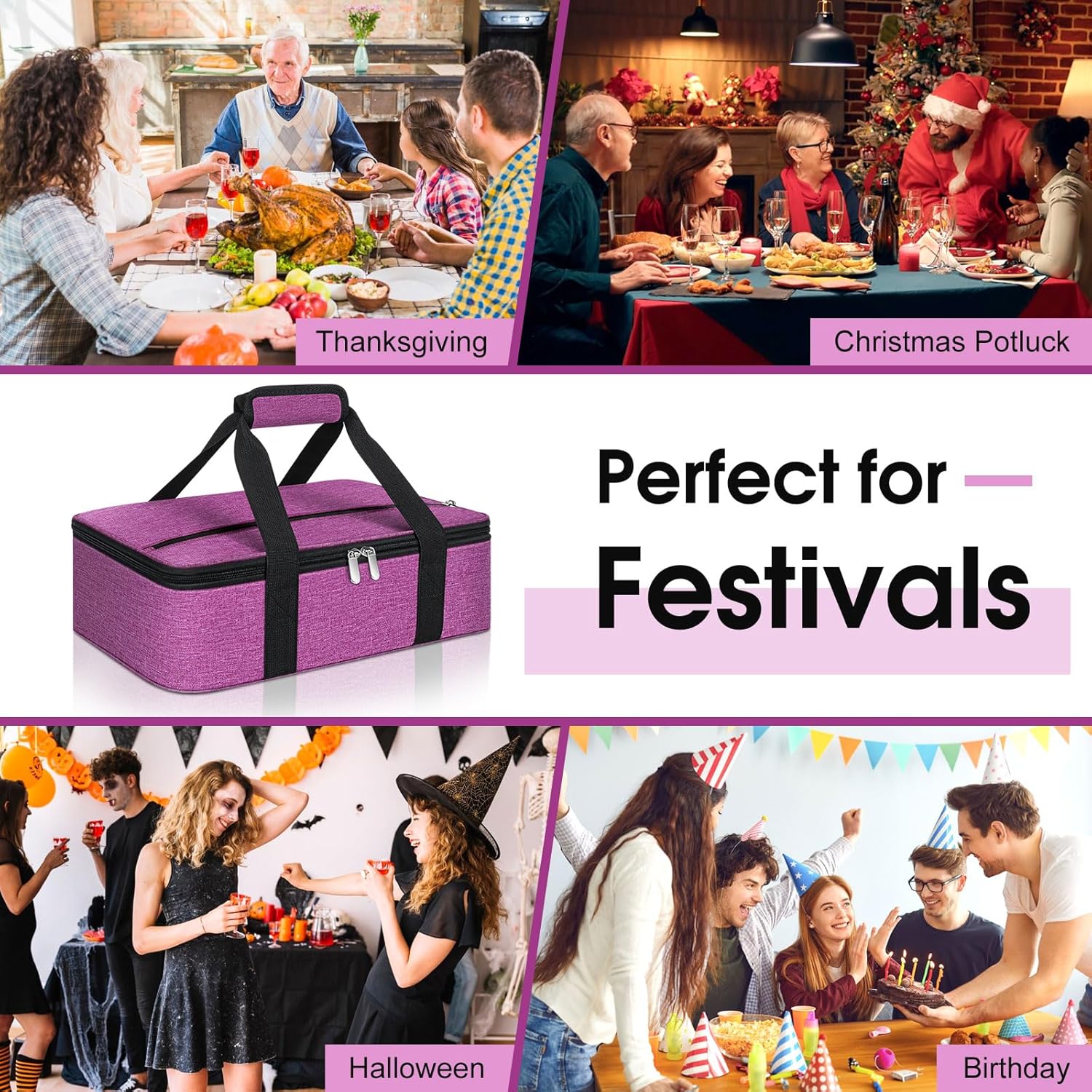 Insulated Casserole Carrier, Portable Casserole Carrier for Hot or Cold Food Lunch Tote Warmer or Cooler Bag, Lasagna Lunch Bag for Potluck Parties- Fits 9" x 13" Baking Dish-Rose Purple - Image 6