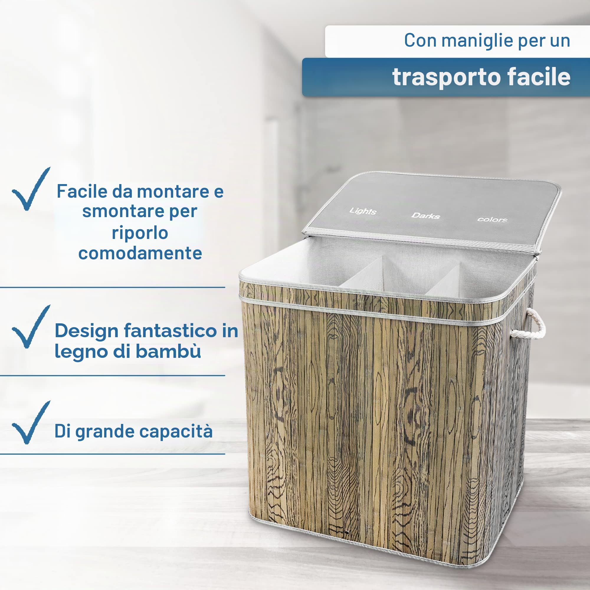 osoltus - Cesto portabiancheria in bambù, grigio, 3 misure, Poliestere, 3 vani