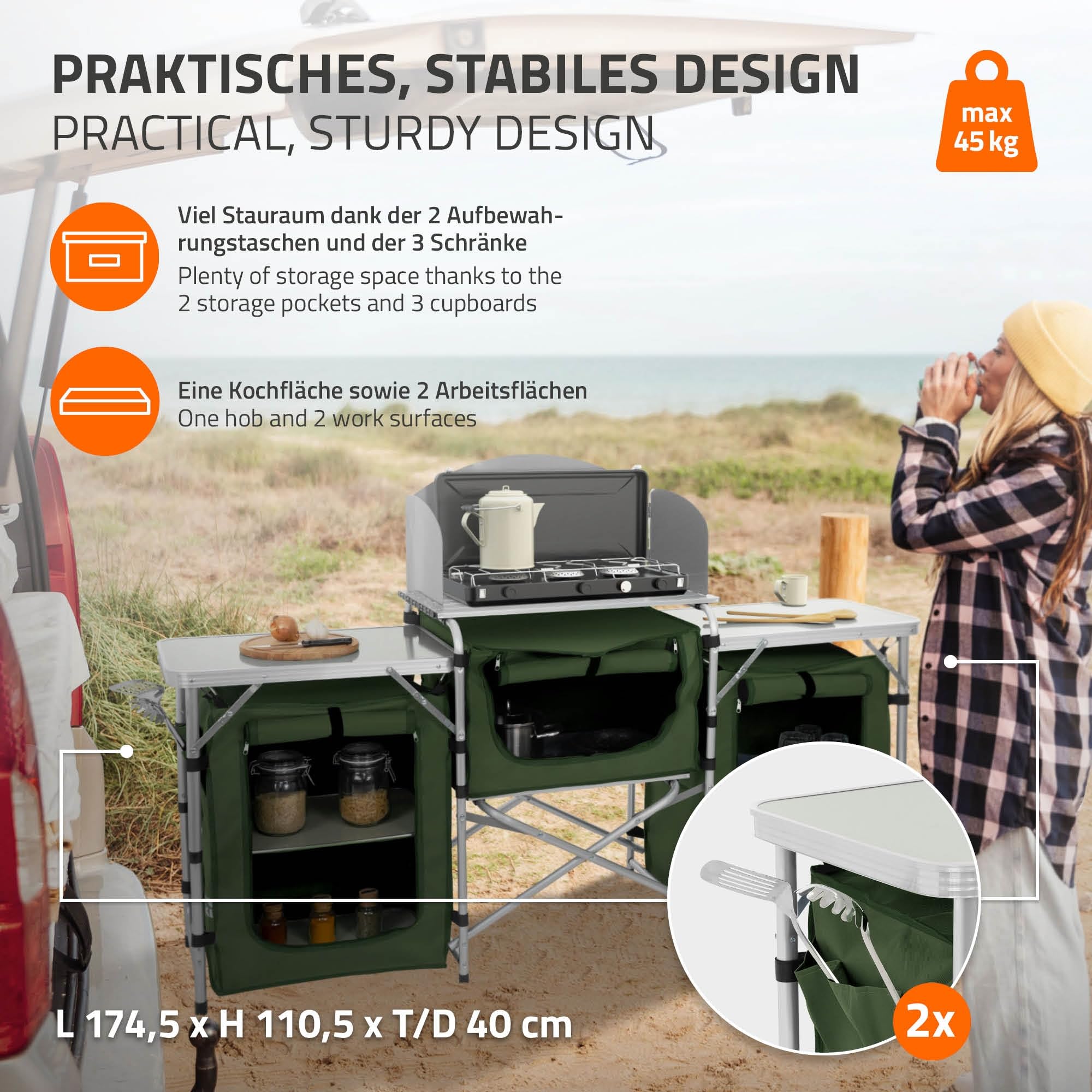 Hauki Cuisine de Camping Pliable, avec Sac de Transport, Meuble à Étagères de Rangement, Kaki, Aluminium/Tissu Oxford, avec Pare-Vent et Plan de Travail, Armoire de Tente Idéale pour Extérieur Voyage
