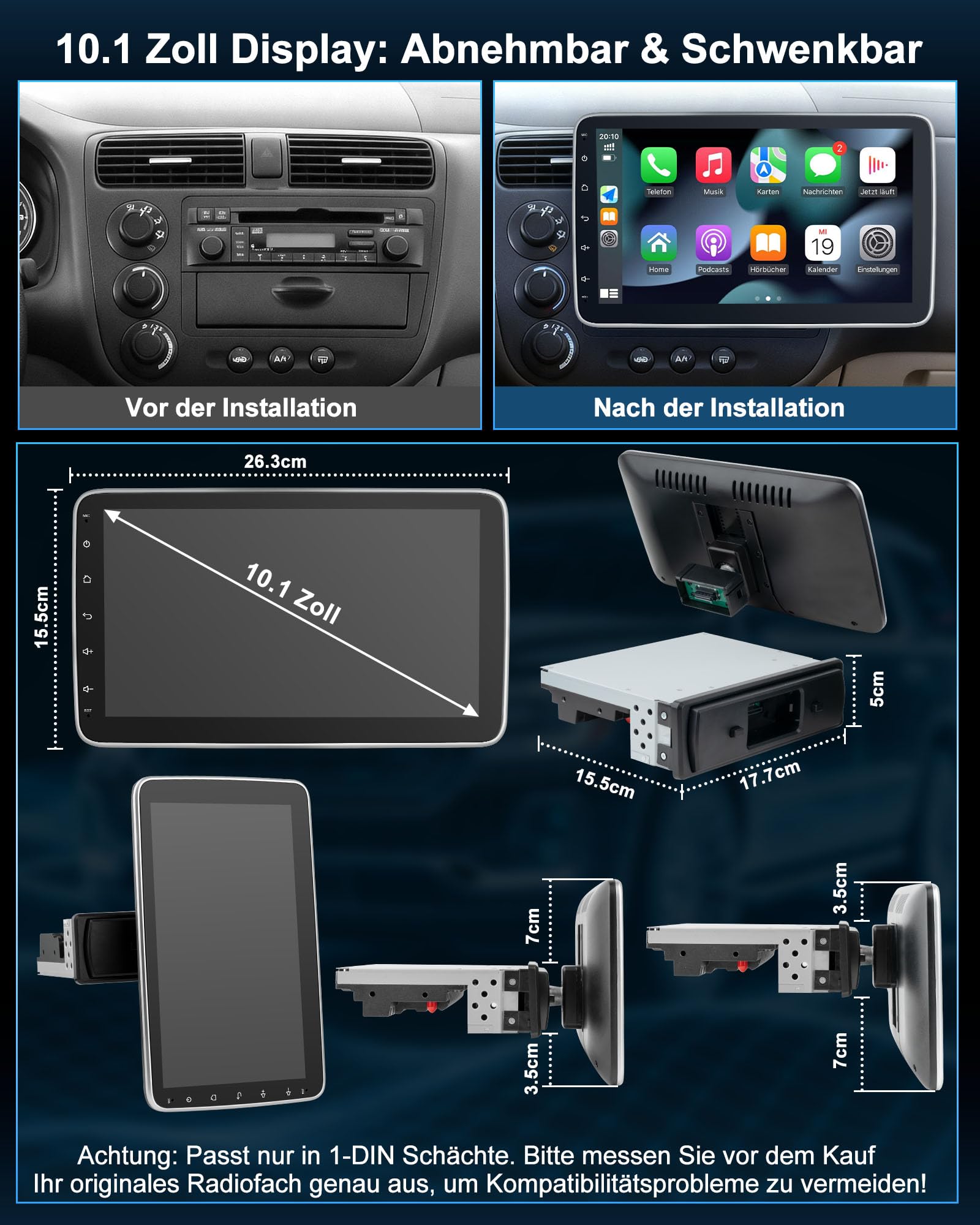 Autoradio mit Bildschirm Single DIN Auto Radio mit Navi Bluetooth Wireless CarPlay Android Auto DAB Plus Rückfahrkamera, 1DIN mit 10.1 Zoll drehbar Touchscreen Monitor, 2+64G Android 14
