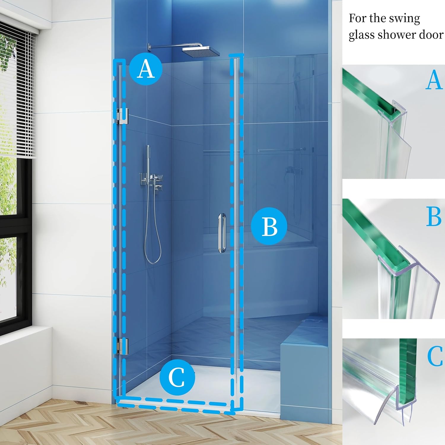 Shower Door Seal Strip Kits Set of 3 Polycarbonate Include 2 PCS 76" Side Seals and 1 PCS 36" Bottom Seal for 3/8"(10mm) Thick Glass