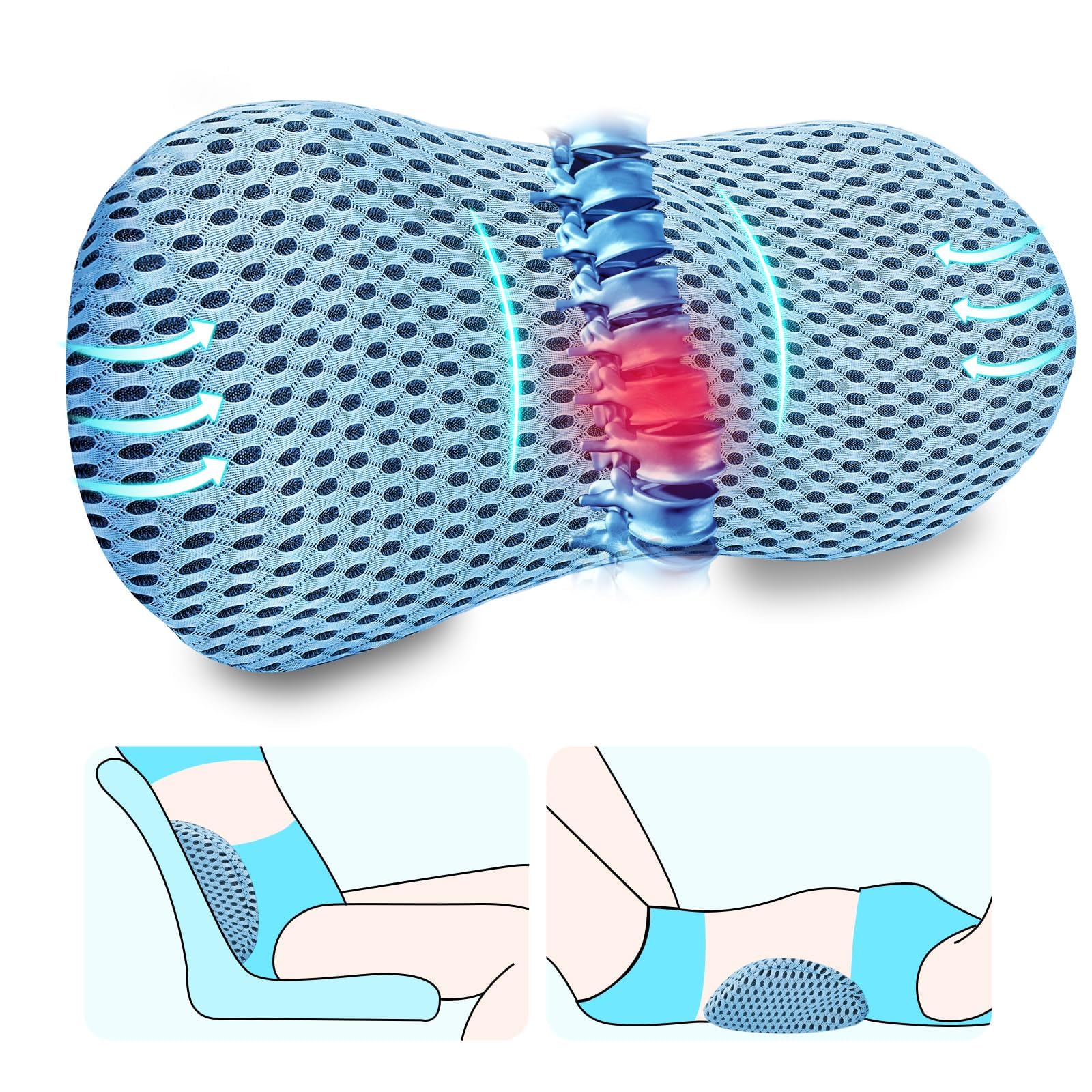 Brand2 Cojín Lumbar (Azul Marino) 48cm Corrector Postura Espalda para Oficina Silla Gaming Escritorio Almohada Viaje Viscoelastica