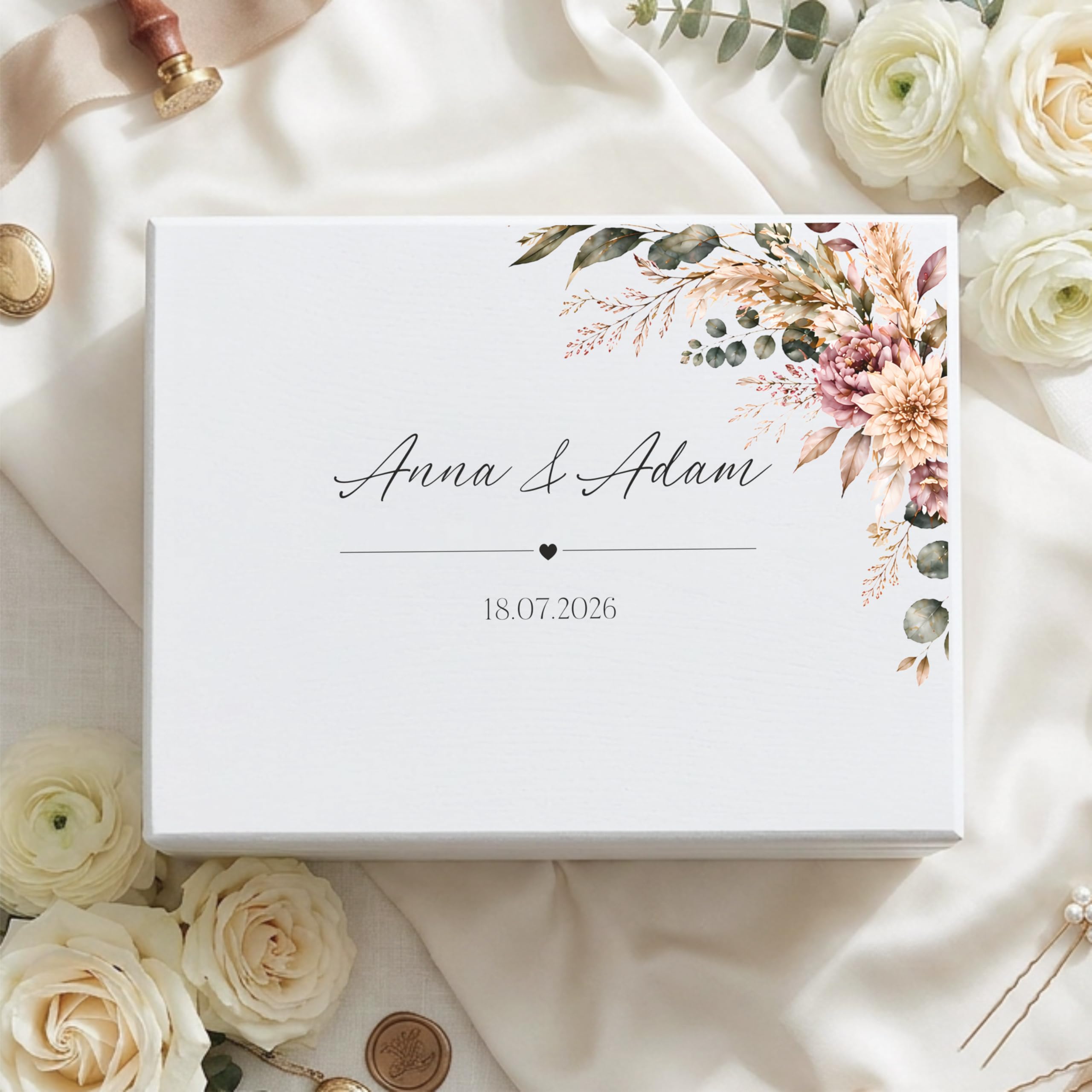 Creative DECO Personalizada Caja de Regalos Originales para los Novios Boda | Regalo Blanca | Caja Madera de Recuerdos Especiales | Parejas Aniversario Matrimonio | Motivo Flores Nombres Fecha