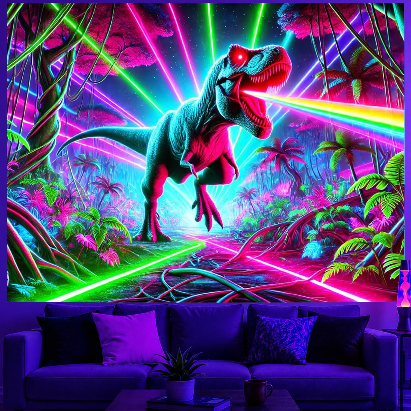 BlissYard Blacklight Tapestry Laser Dinosaur Room Decor 78 x 59 Inch