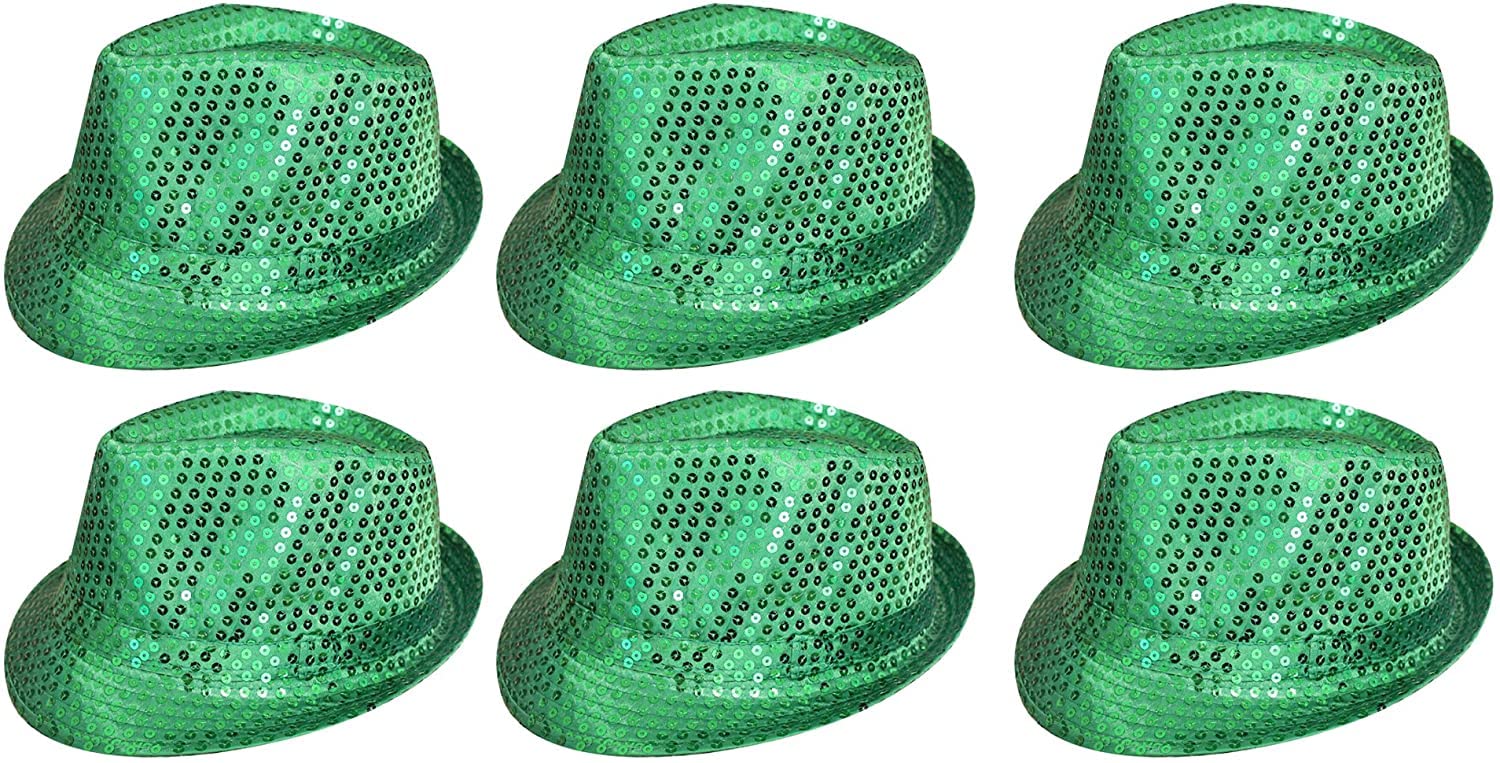 6 X Sequin Trilby Hat In Red, Black, Silver, Gold, Purple, Green Or Pink Fancy Dress Accessory Fedora Hats Bulk Gangster 1920'S Mens & Ladies (Green)