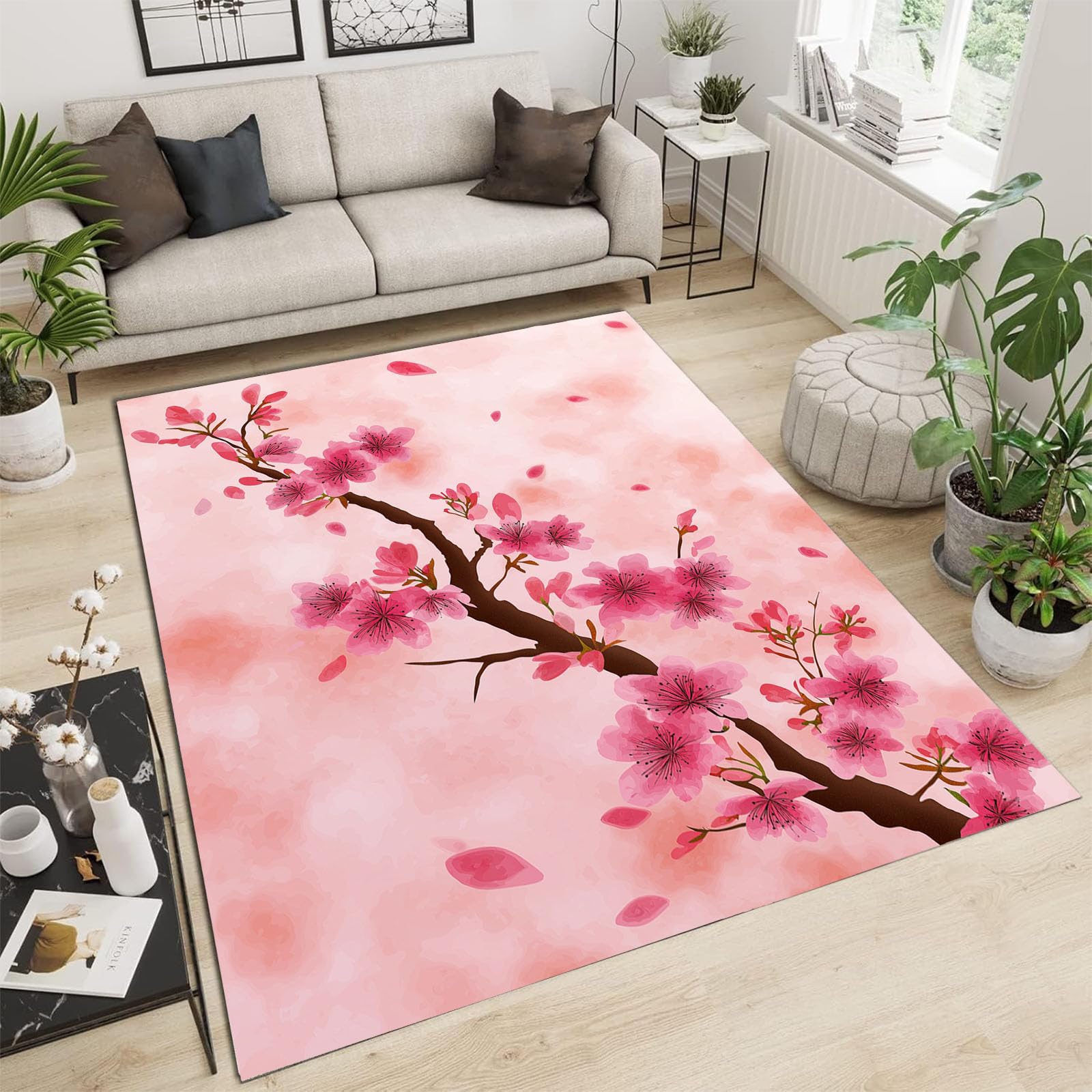 Tapis fleurs de cerisier pour salon et chambre ambiance peinture rose