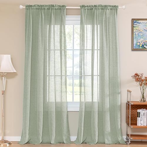 Turquoize Cortinas traslúcidas de lino natural, cortinas de arpillera para filtrar la luz, con bolsillo para barra, paneles de tratamiento de