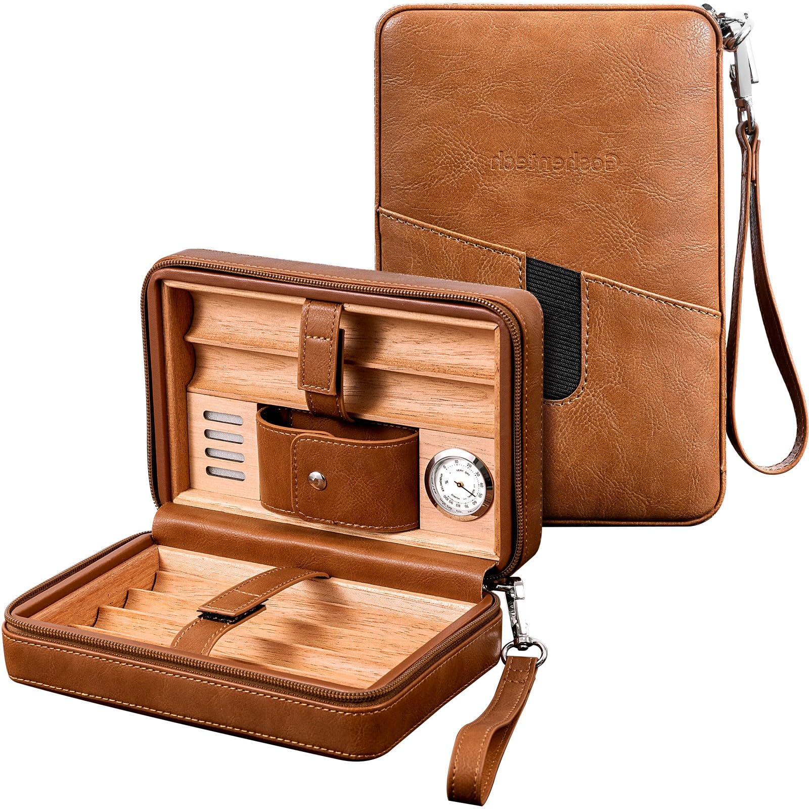 Étui en cuir de cèdre avec hygromètre, capacité : 6 pièces, outil rehausseur de dessin, cadeaux pour homme (marron)