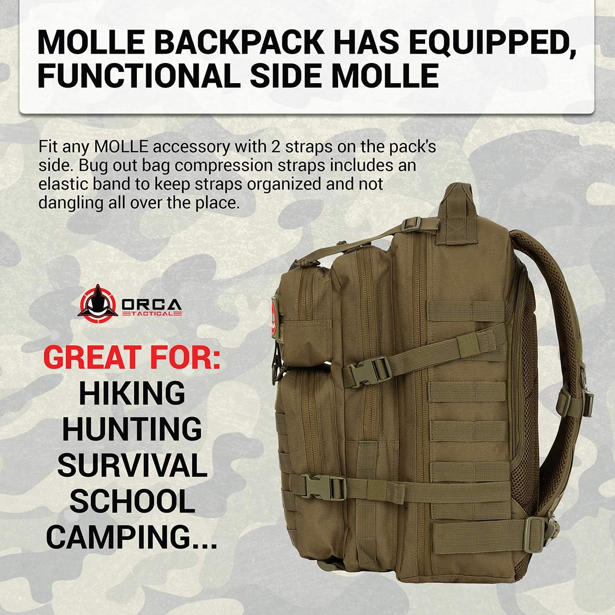 ORCA 34L Military Tactical Backpack – Heavy Duty Waterproof Rucksack for Camping, Hiking & Survival, 600D Polyester (OD Green)