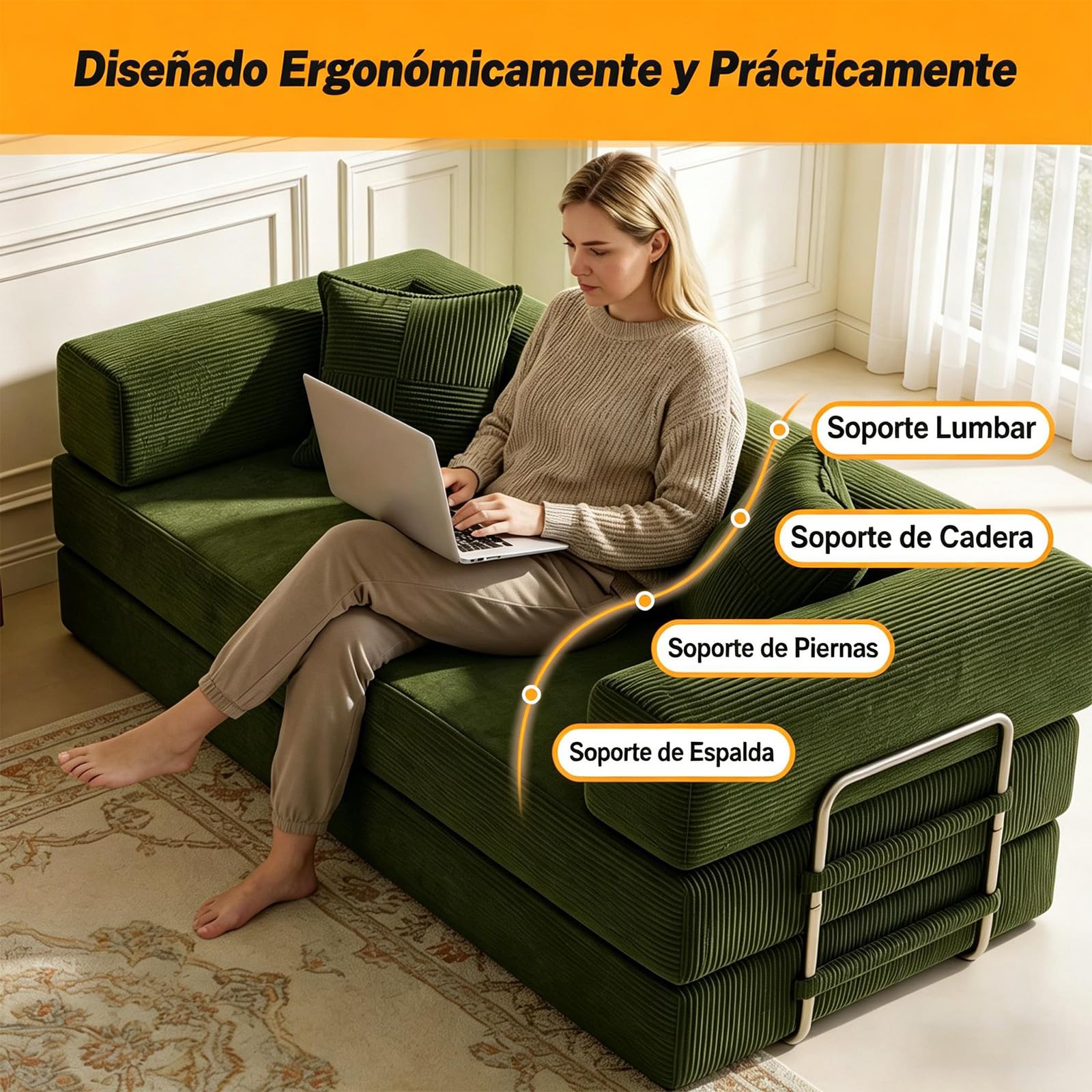 Vipbear 200cm Sofá Cama, Modular Desmontable Plegable 5 en 1,Confeccionado en Pana, Sofá Cama 3 Plazas Ideal para Espacios Reducidos, Verde | Convertible