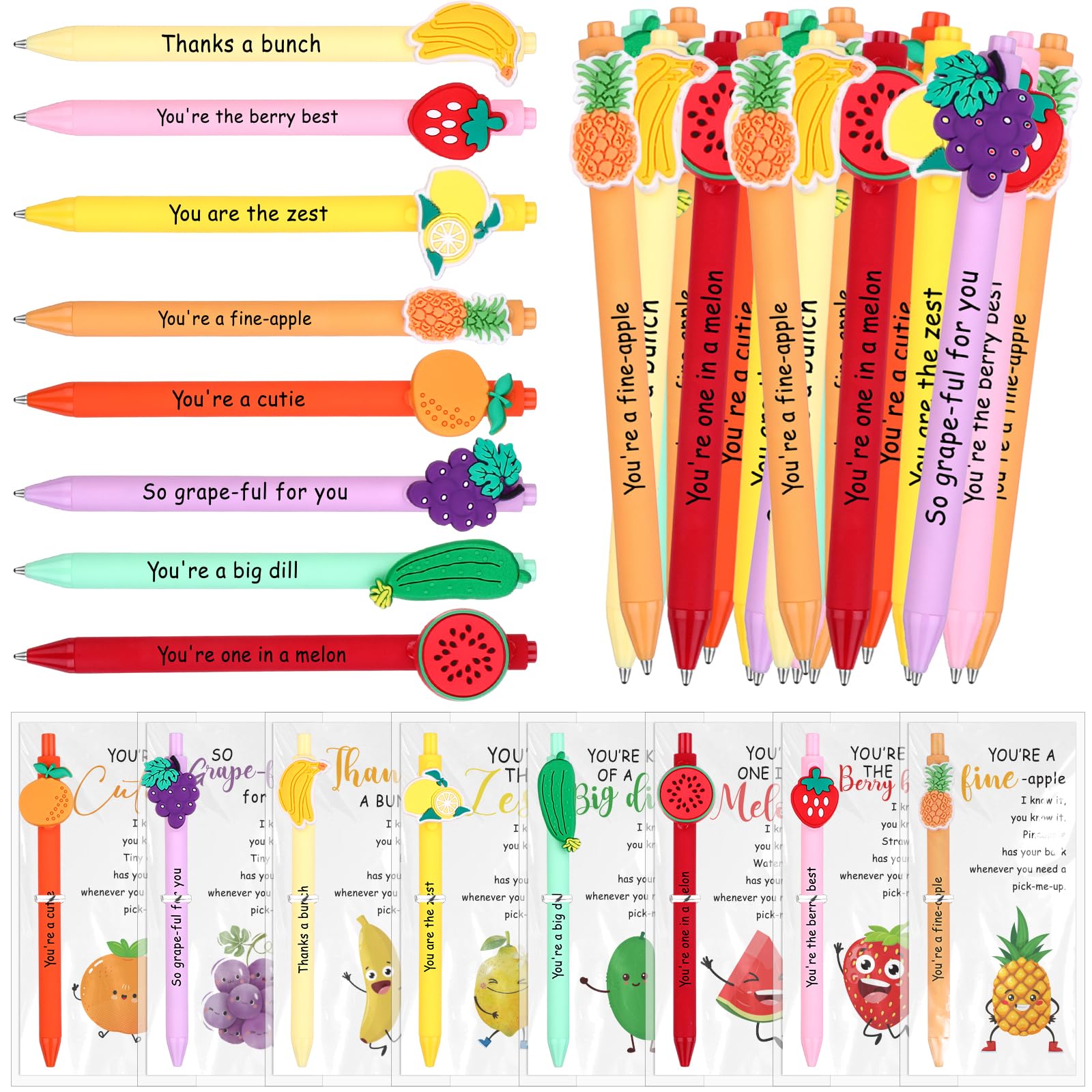 32 Sets Inspirational Fruit Pen Bulk Gifts Thank You Ballpoint Pens with Positive Cards Motivational Pen Employee Appreciation Gifts for Coworker Team Staff Teacher Nurse School Office Supplies