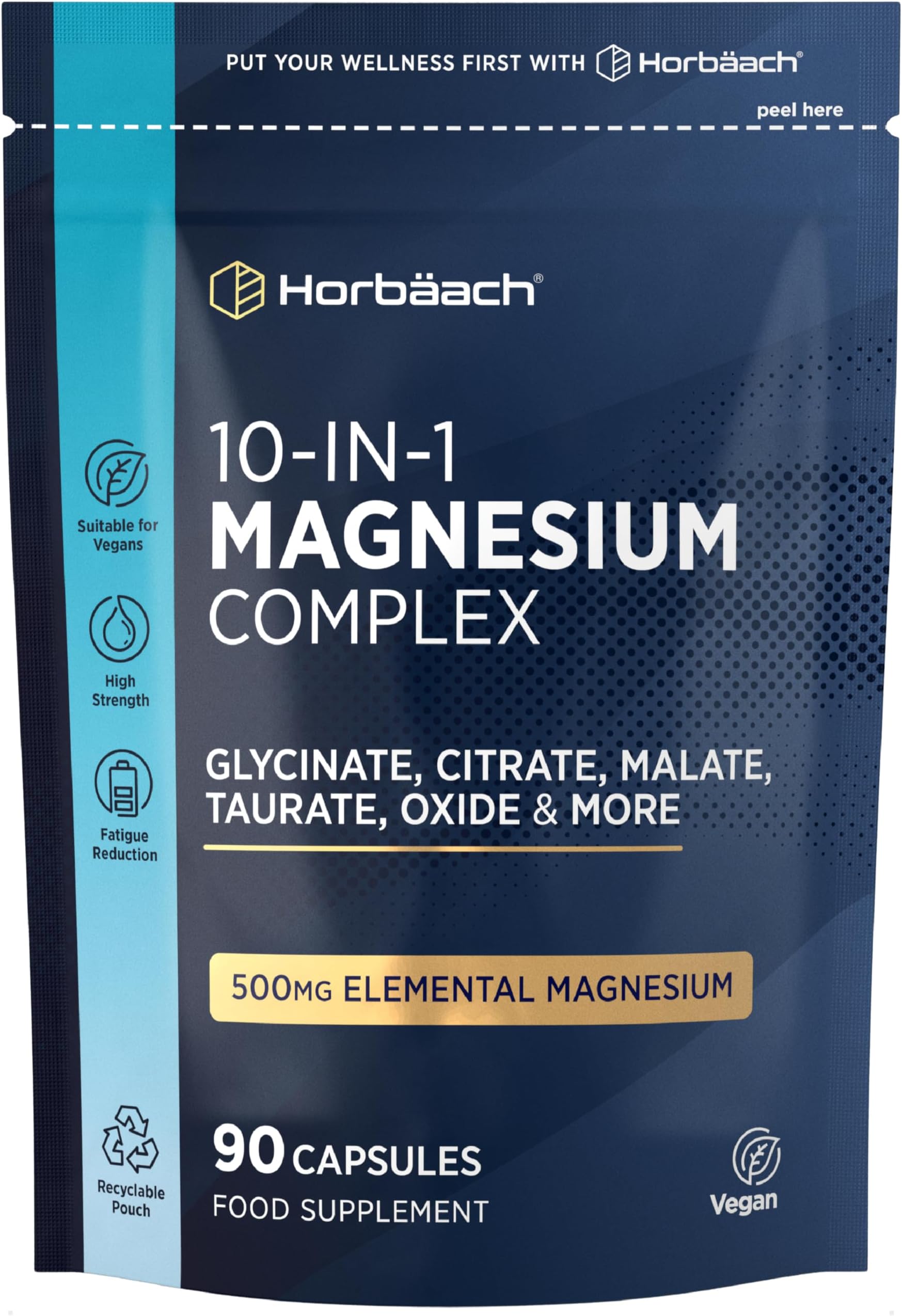 Magnesium Glycinate Complex | 500mg Elemental Magnesium | 10-in-1 Complex | Glycinate, Citrate, Malate, Oxide, Taurate & More | 90 Vegan Capsules | by Horbaach