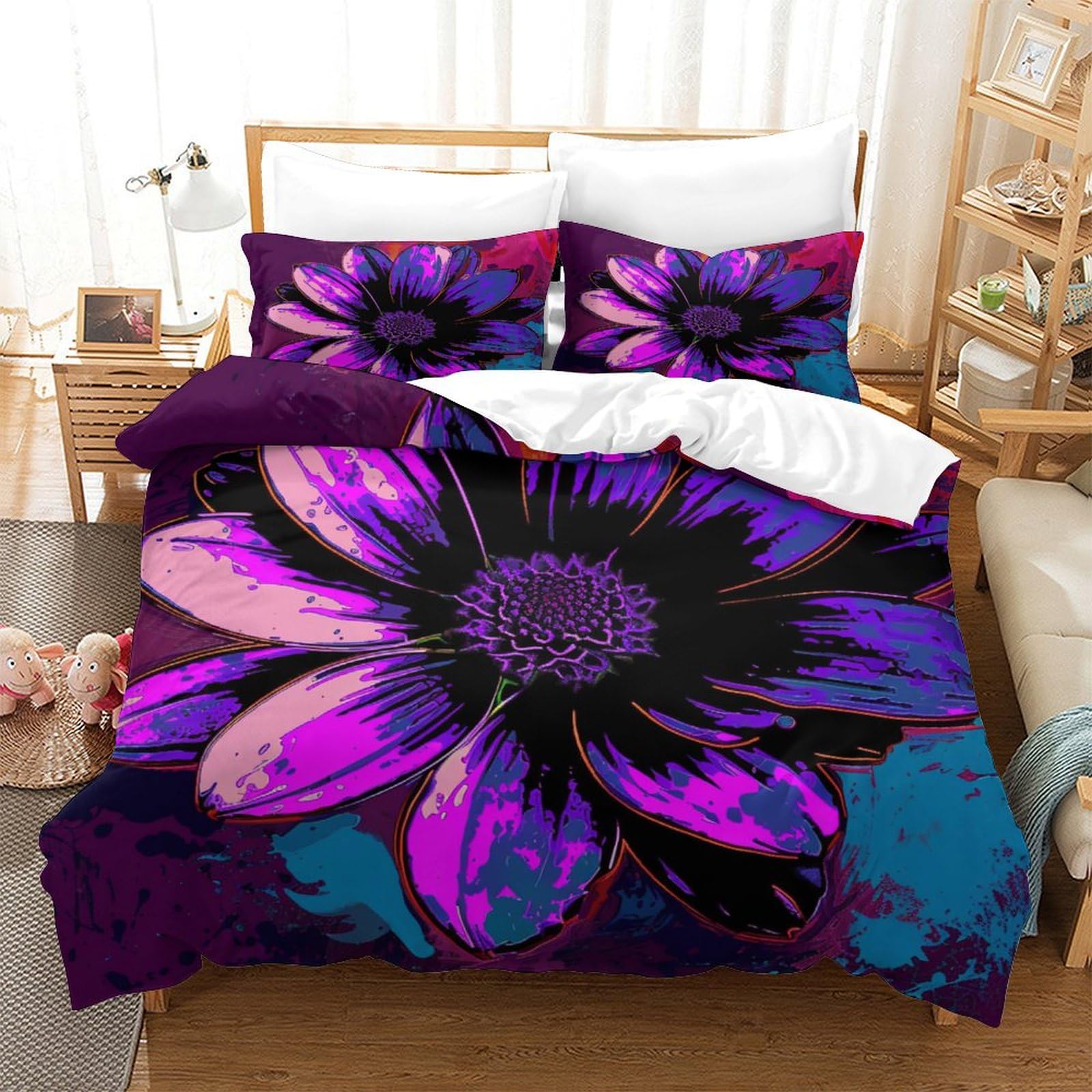 P1S9U7W5Y Vivid Floral 3D Printed Microfiber Duvet Cover Set 3 Pieces Bedroom Decor Flower Bedding Set for Adults/Teens Double（200x200cm）
