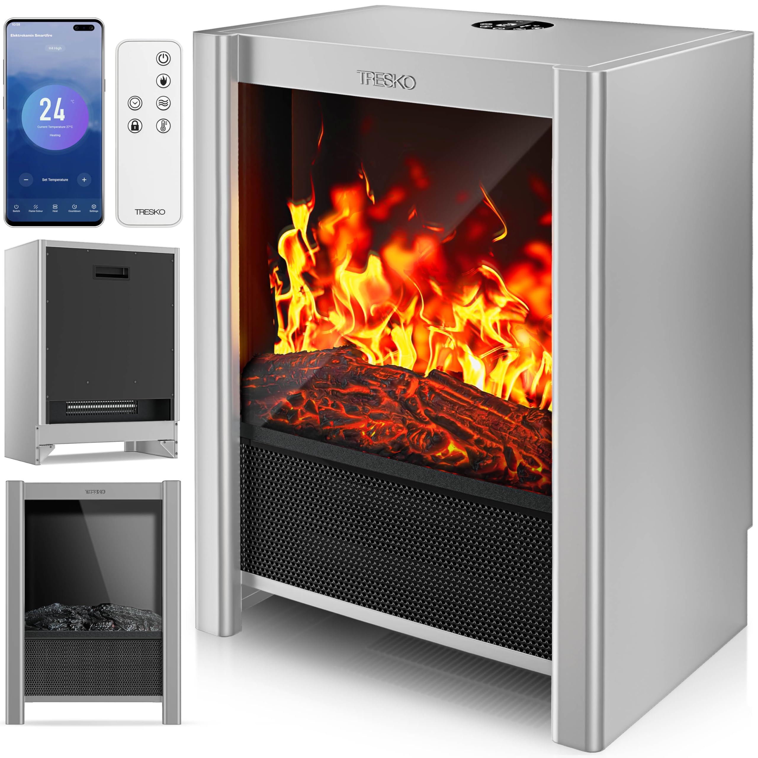 TRESKO® Elektrokamin mit Heizung & Fernbedienung 2000W, WiFi App | Kamin elektrisch LED-Flammeneffekt & LCD-Display | Kaminfeuer mit Thermostat, Timer | Elektro Kaminofen Standkamin Heizlüfter