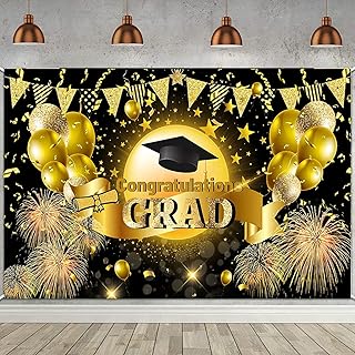 2023 Graduation Party Backdrop Black&Gold Class of 2023 Banner Decoration Congrats Grad Sign Banner for Graduation Party (G01)