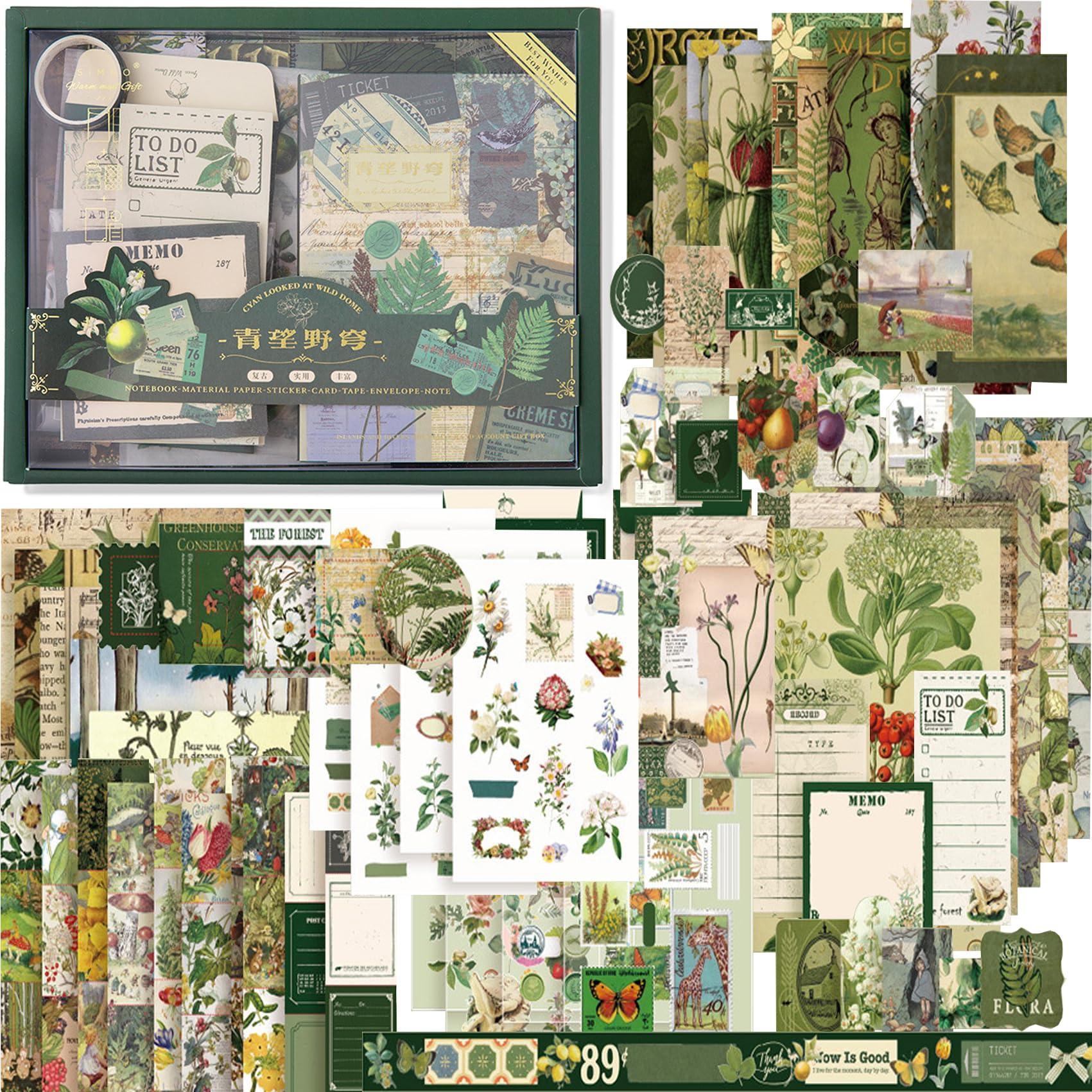 Aesthetic Scrapbook Kit, BetterJonny Vintage Scrapbook Journaling with A6 Grid Notebook Washi Paper Stickers Green Art Journaling Scrapbooking Supplies for DIY Arts Crafts Collage Decorative - Dark Green