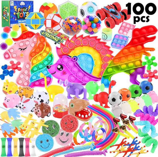 Richtim 100 Pcs Fidget Toys Pack, Fidget Toy Set TIK Tok Sensory Toys Set for Kids, Unicorn Hedgehog Push Bubble Pop Toys Stress Anxiety Relief Toys Fidget Party Pack for Girls Boys Adults Autism