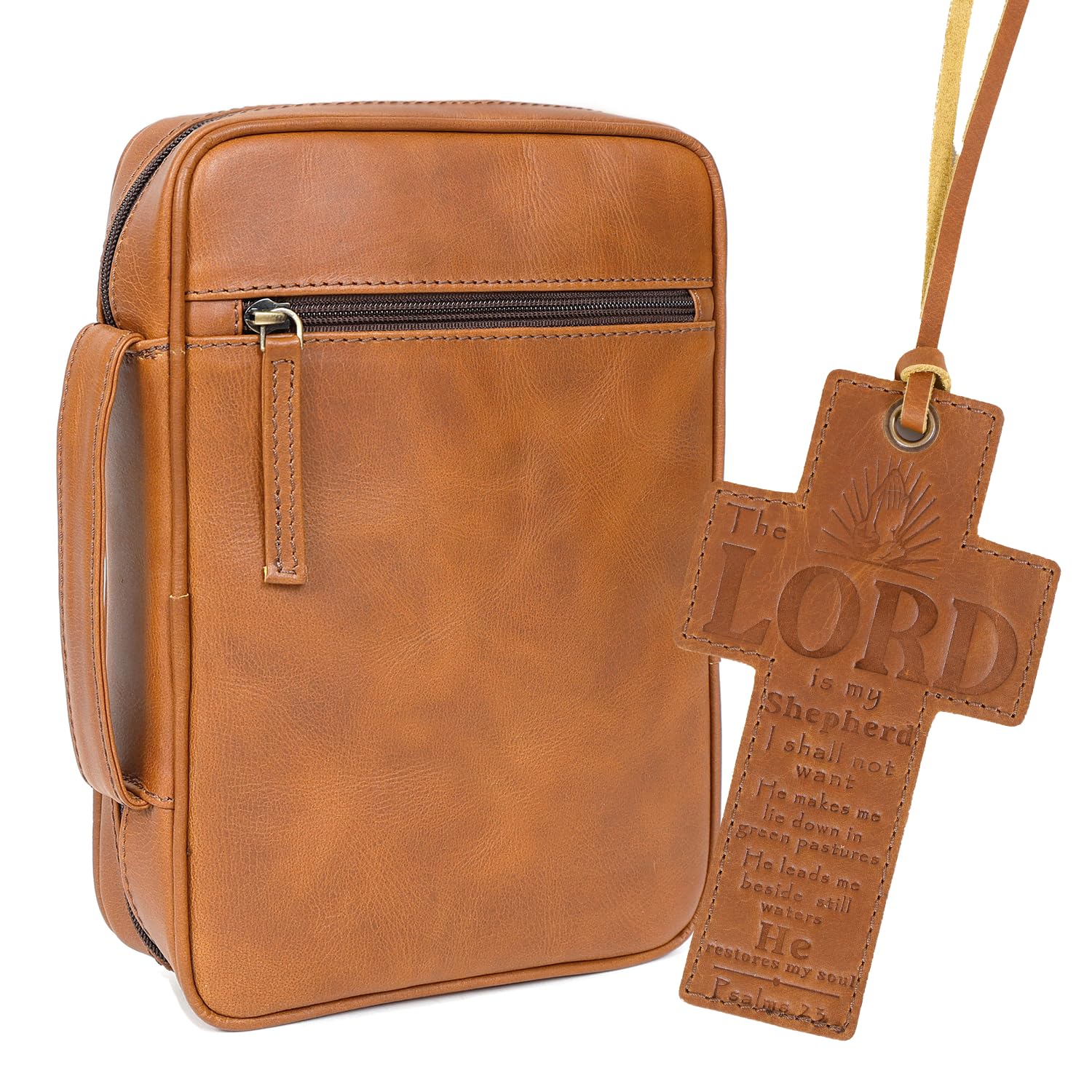 ELIZO Leather Bible Cover for Men Bible Case for Women Zippered Holder Protector Cross Church Tote Bag Carrying Organizer Sleeve Gift Standard Tan