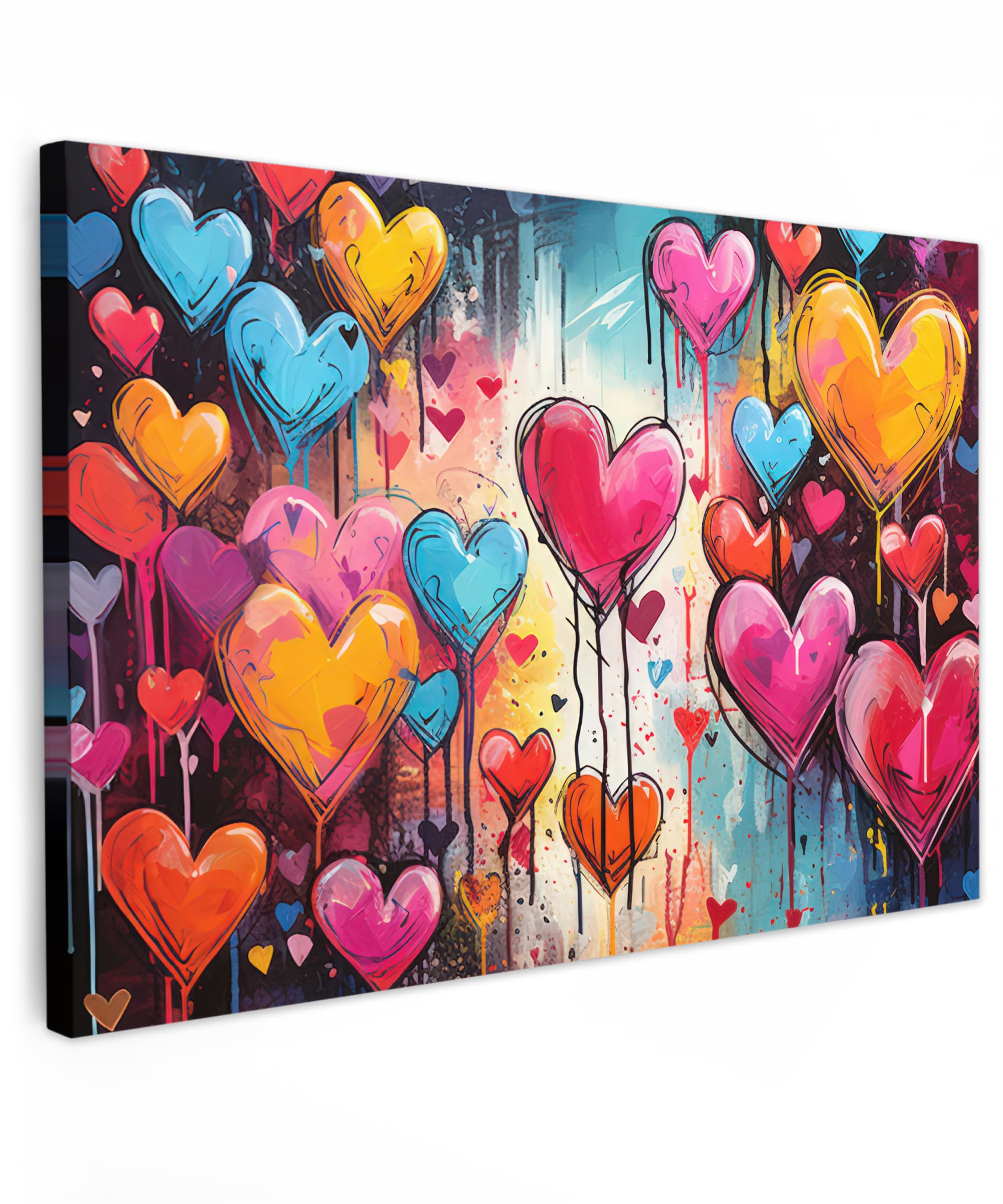 MuchoWow© Leinwände 60x40 cm Wall Decoration Bilder Schlafzimmer Deko Pictures Canvas Painting Wanddekoration Wohnzimmer Banksy - Street Pop Art - Herzen - Farben - Kunst - Liebe