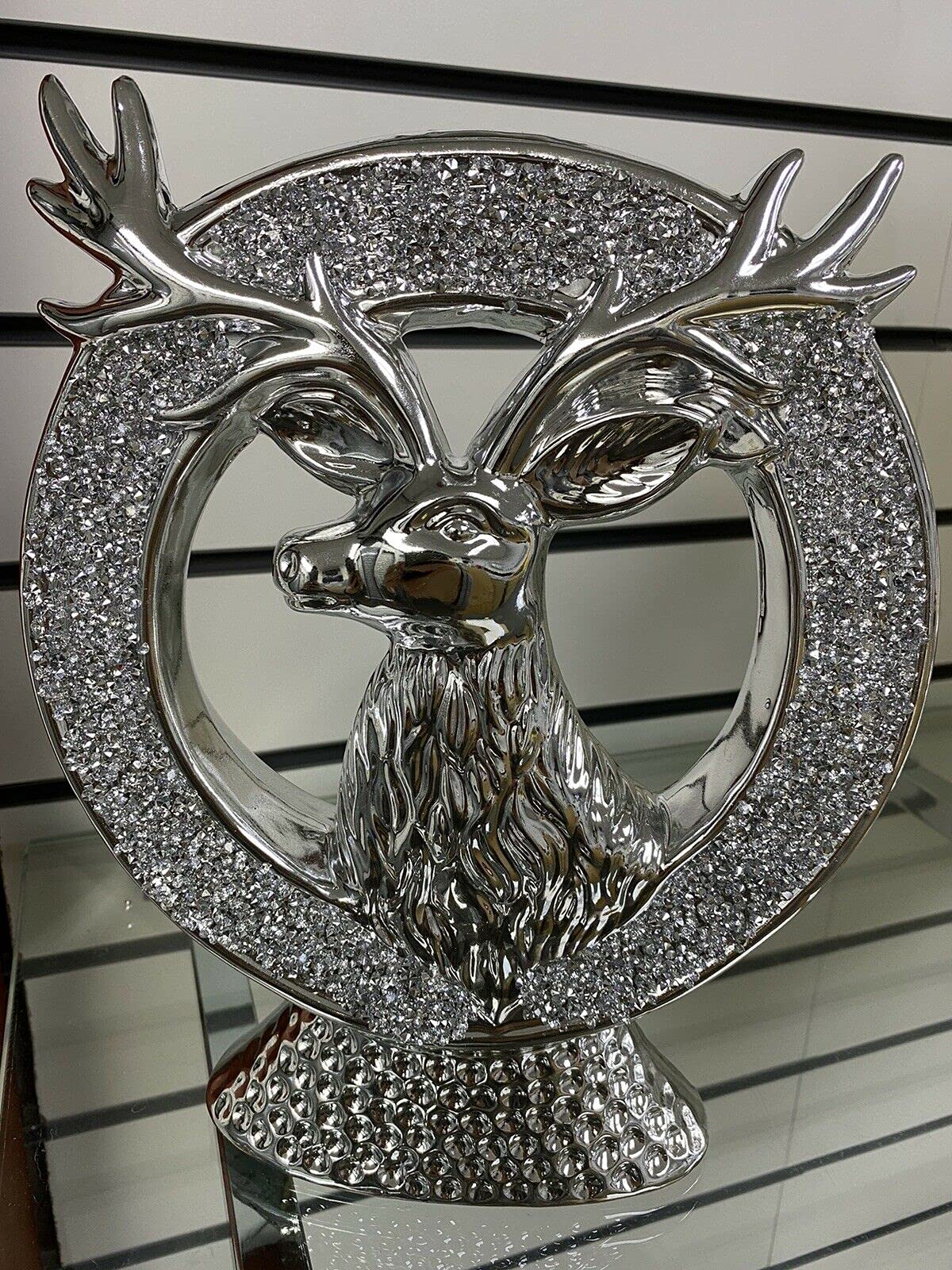 Deenz Silver Bling Crushed Diamond Stag Reindeer Stunning Ornament Shelf Sitter