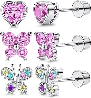 3 Pairs Hypoallergenic Screwback Earrings for Women Girls | 925 Sterling Silver Cubic Zirconia Heart Butterfly Stud Earrings | Safety Screw Back Stud Earrings for Toddlers Little Girls