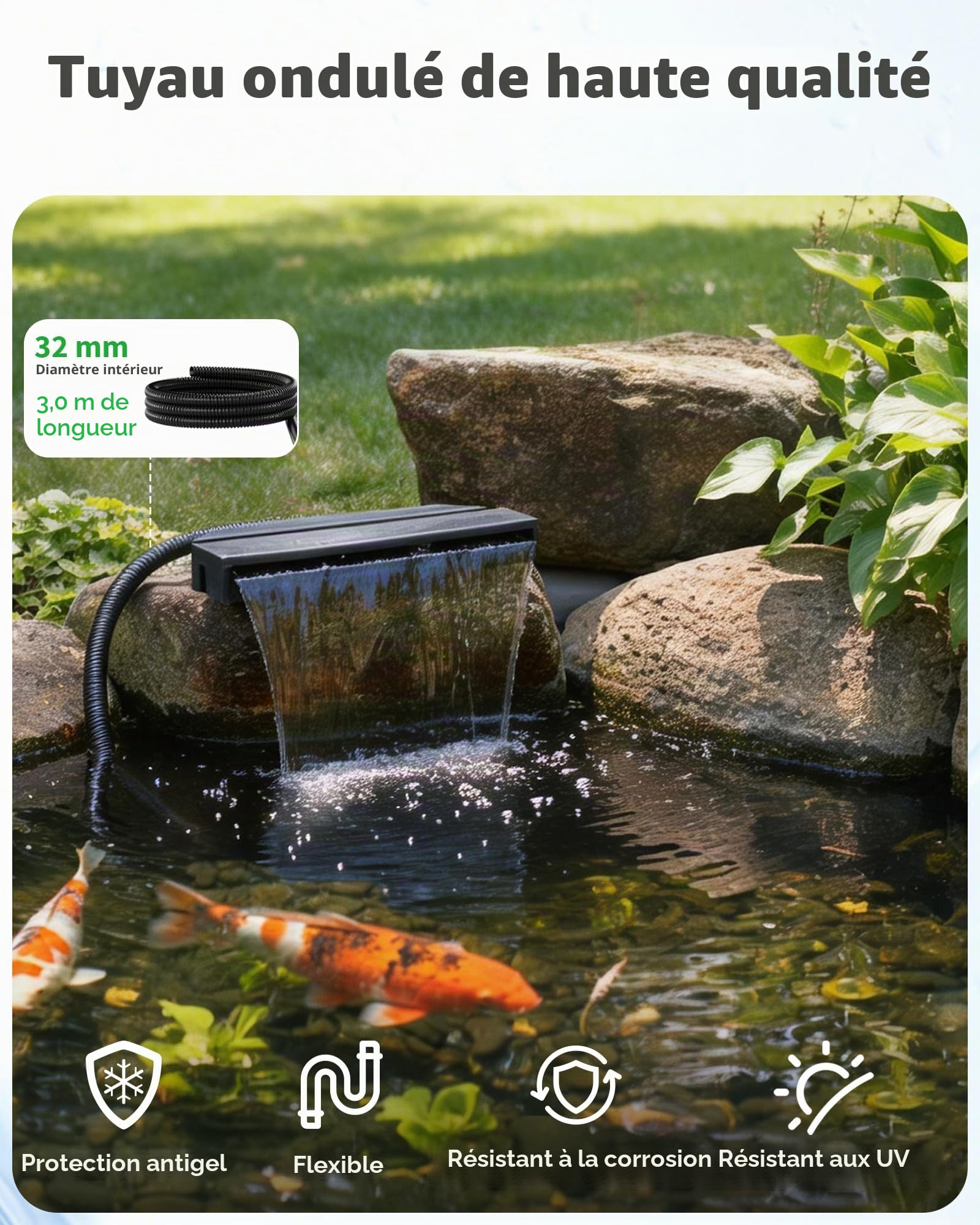 POPOSOAP Kit de Cascade de Bassin, Déversoir 58 cm Tout-en-Un avec Pompe Submersible 6000 L/H, boîtier filtrant et Tuyau, pour Bassin de Jardin, Bassin à Poissons et décoration Aquatique | Cascade de bassin avec pompe submersible de 6000 l/h, cage filtran